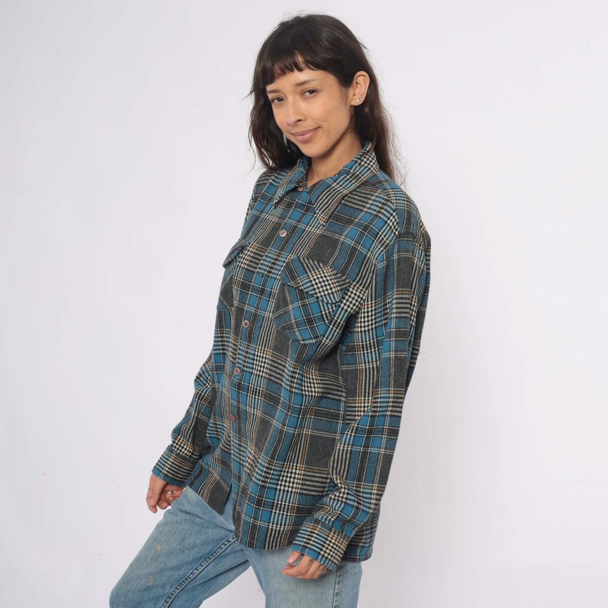 70s Towncraft Plaid Flannel Shirt Jacket Blue Grey Wool Large L