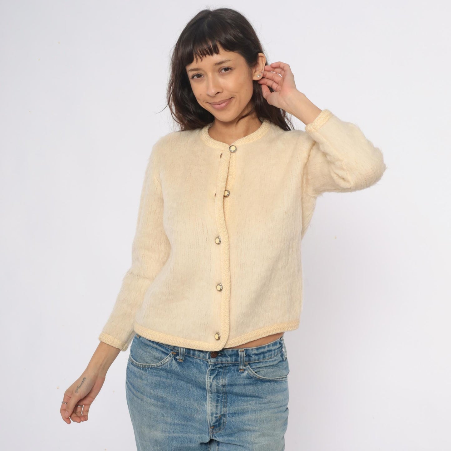 70s Cream Wool Cardigan Peter Pan Collar Textured Knit Small Medium