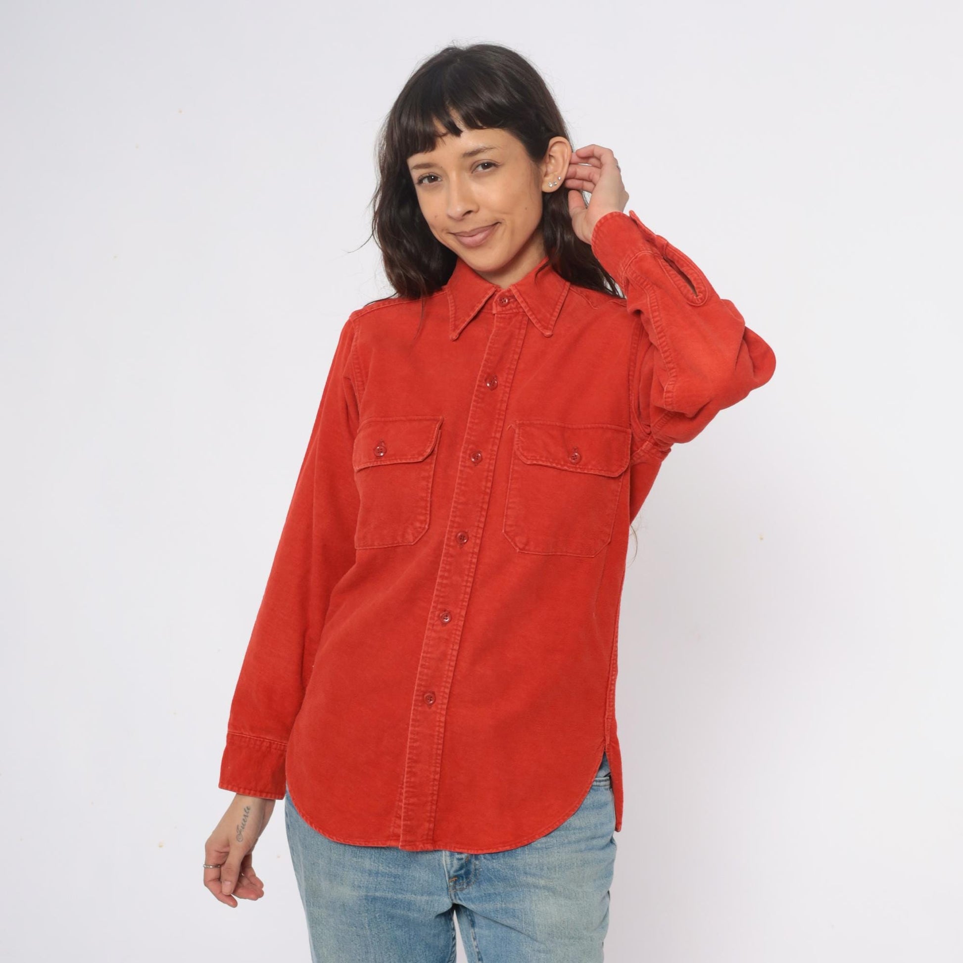 80s Woolrich Orange Button-Up Shirt Long Sleeve Collared Chest Pockets Medium