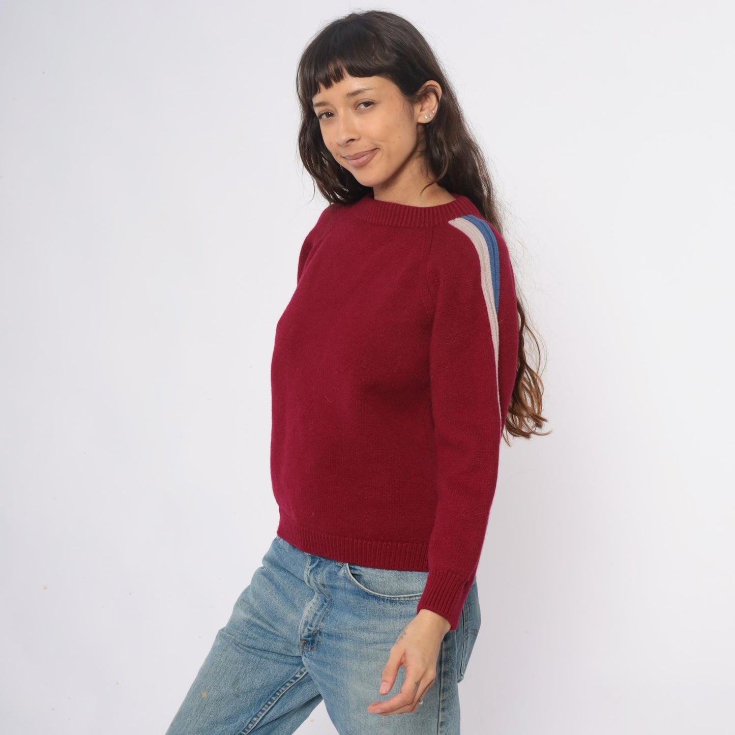 80s Cortina Burgundy Wool Sweater Stripe Raglan Crewneck Medium M