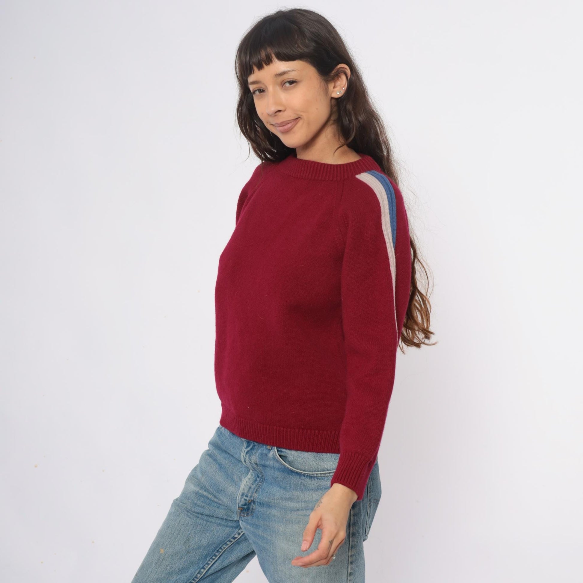 80s Cortina Burgundy Wool Sweater Stripe Raglan Crewneck Medium M