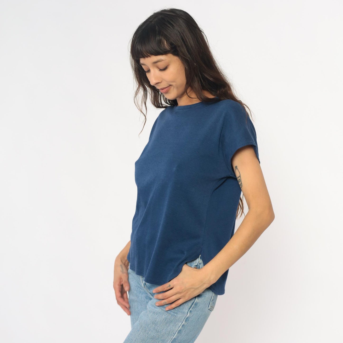 80s Navy Boat Neck T-Shirt Cotton Blend Short Sleeve Medium M