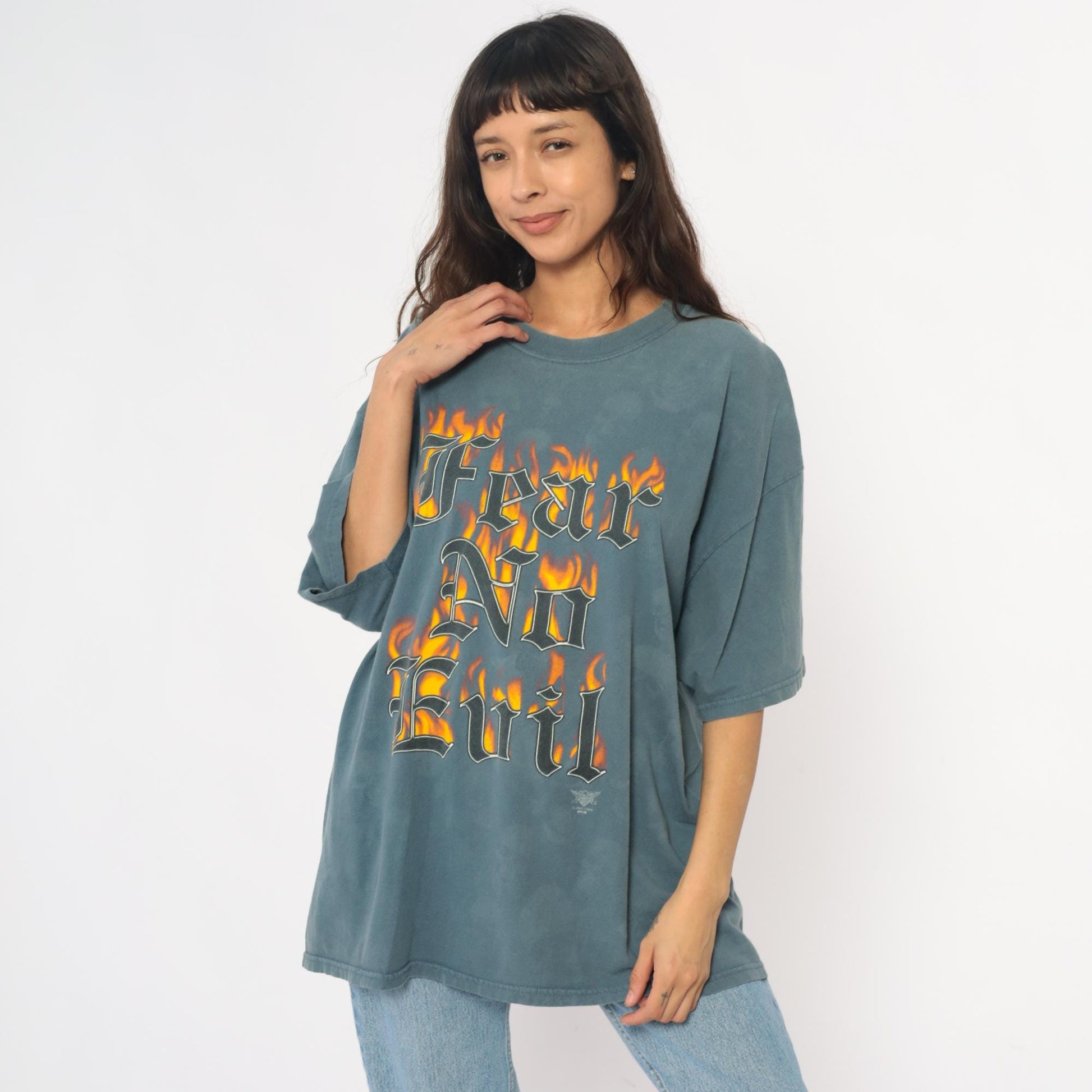 Y2K Fear No Evil Graphic Tee Teal Flame Skulls Plus Size XXL