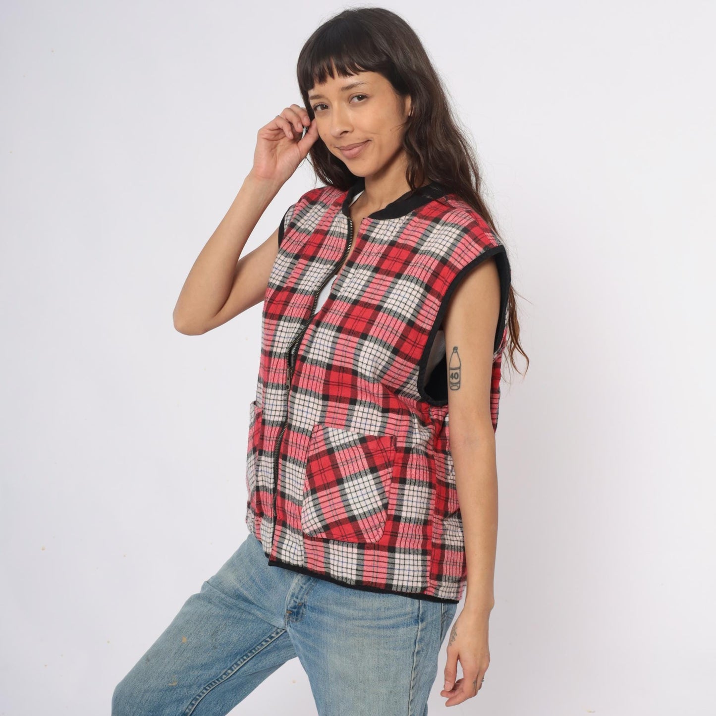 90s Marlboro Country Store Reversible Vest Black Plaid Cotton Large L
