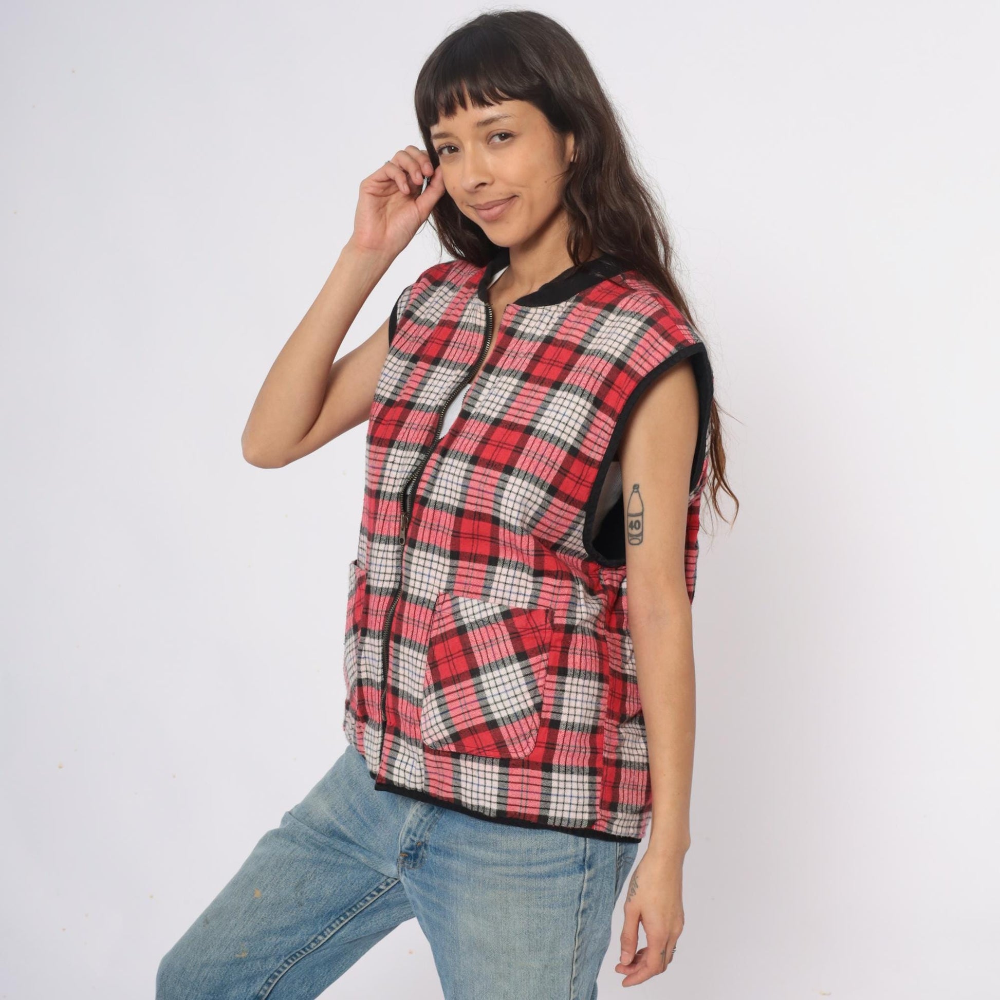90s Marlboro Country Store Reversible Vest Black Plaid Cotton Large L