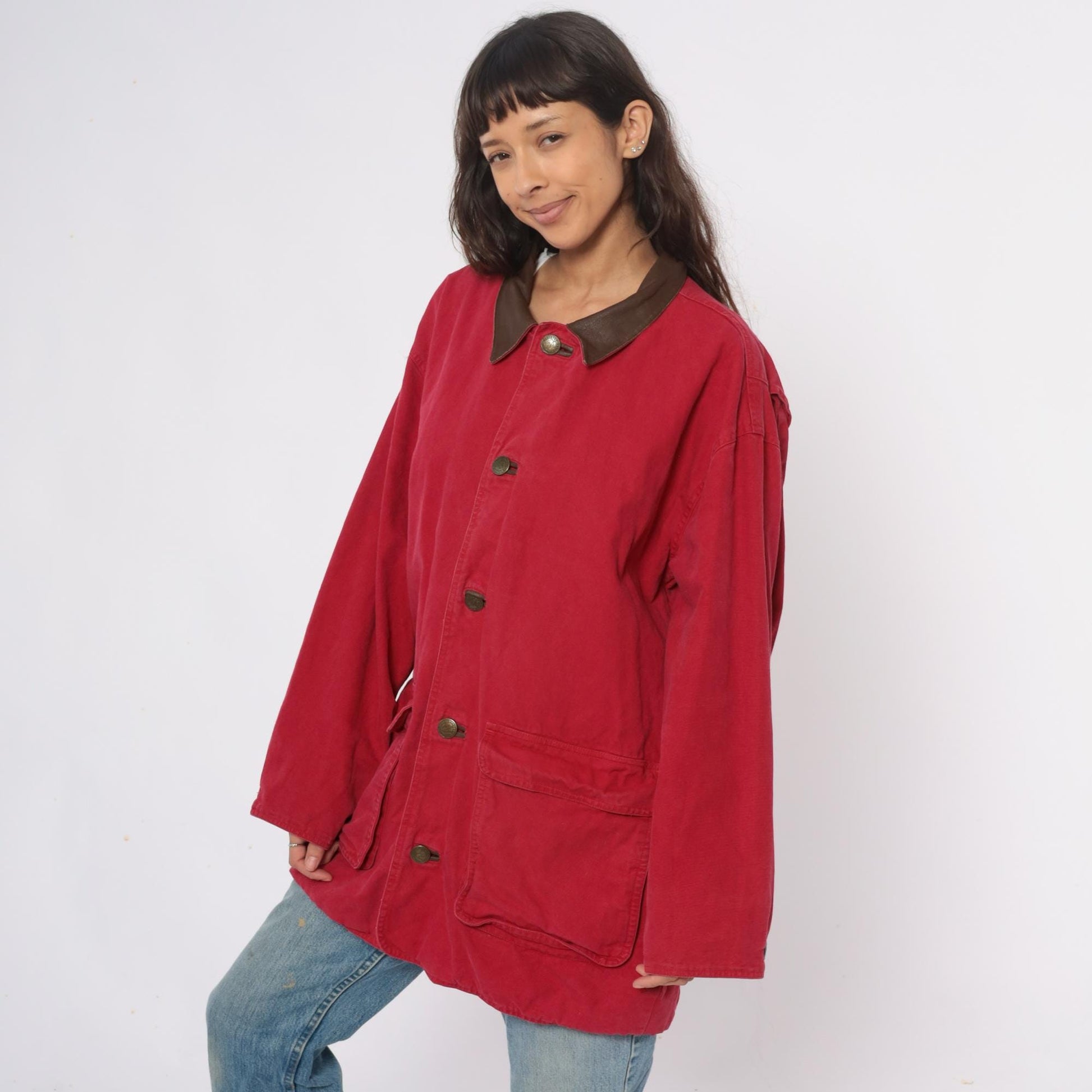 90s Marlboro Red Cotton Barn Jacket Leather Collar Workwear Extra Large XL