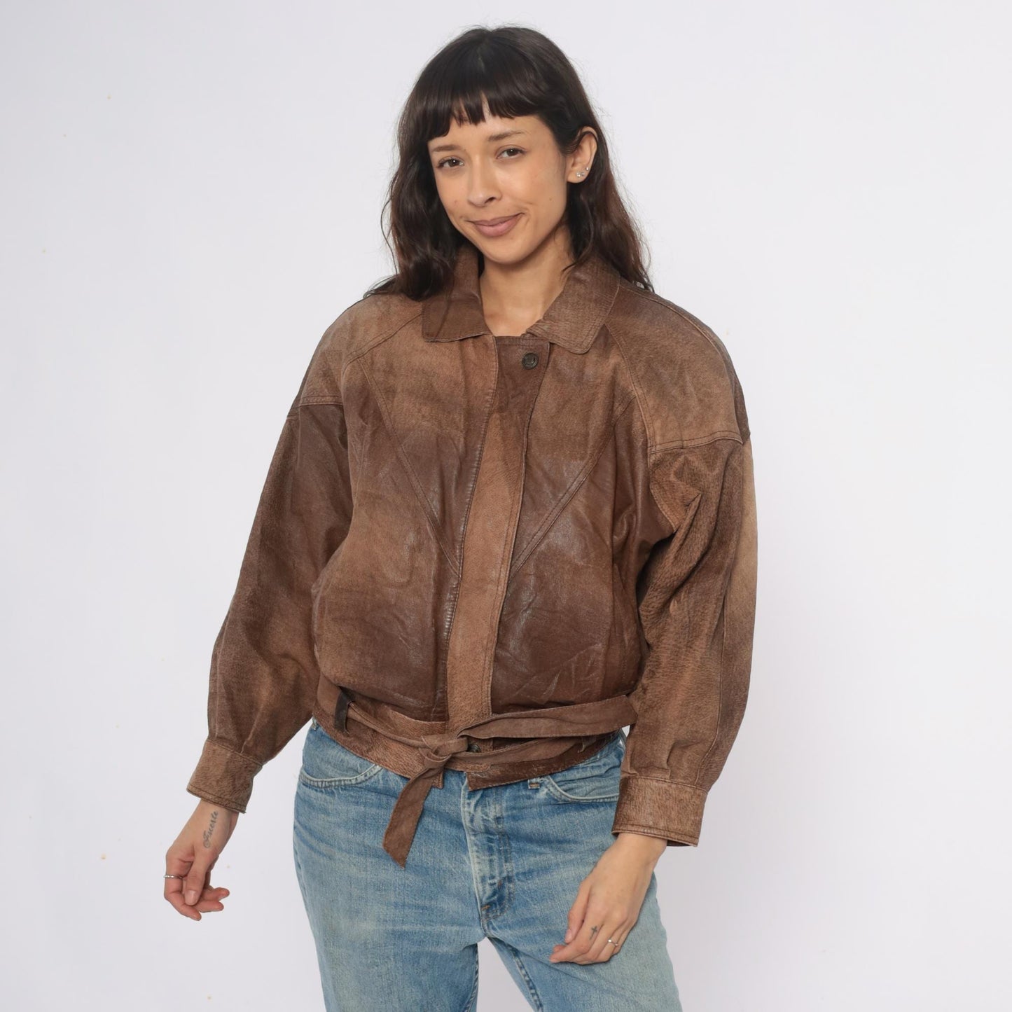 90s Adventure Bound Brown Leather Jacket Cropped Belted Small S