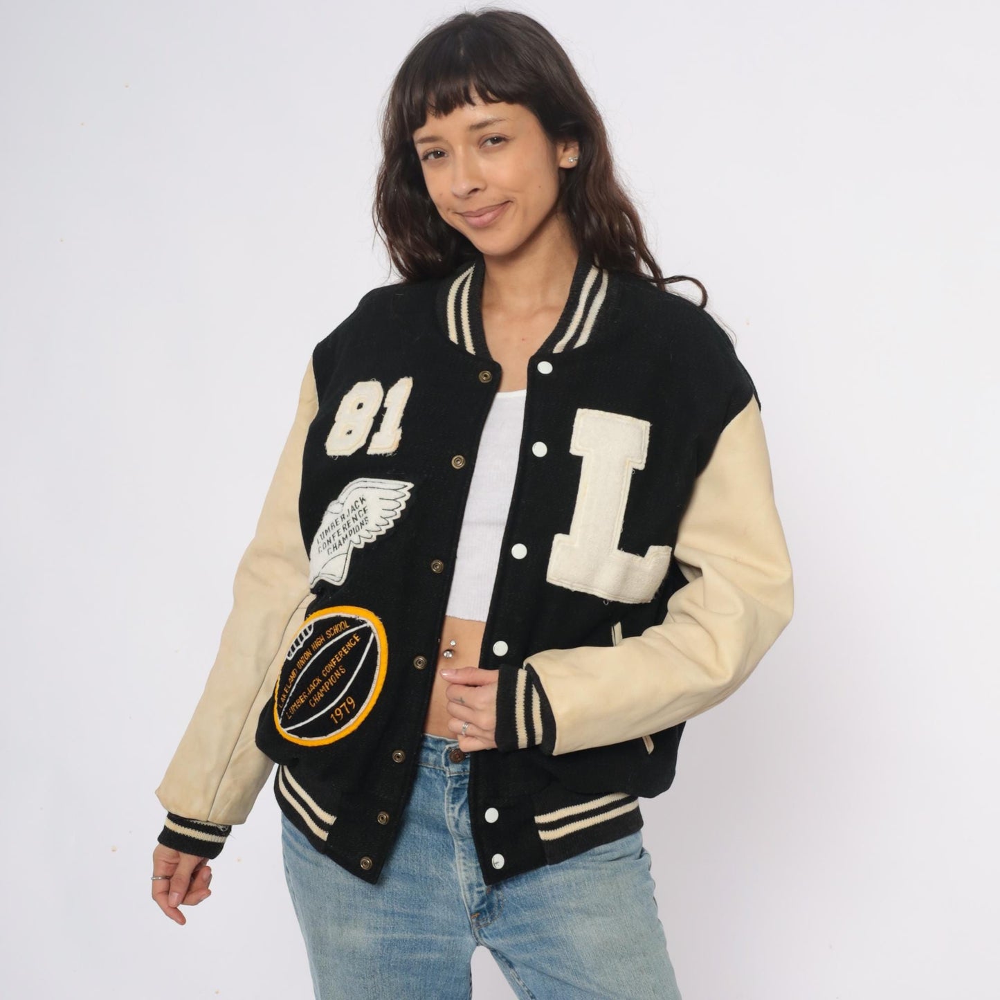80s Golden Threads Varsity Jacket Wool Leather Black Cream Lumberjack Patches Large