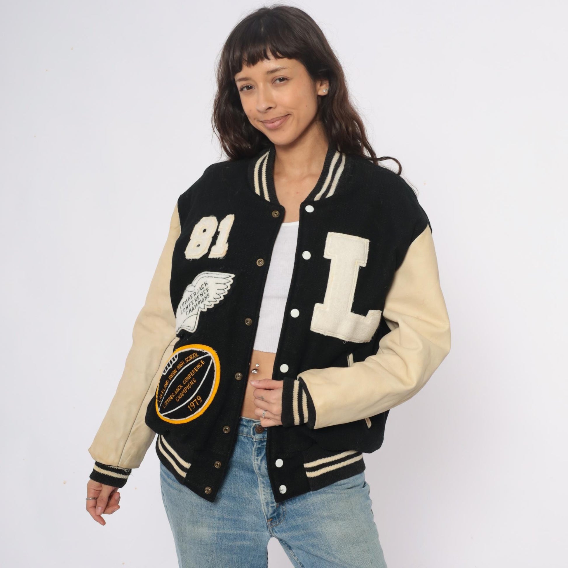 80s Golden Threads Varsity Jacket Wool Leather Black Cream Lumberjack Patches Large