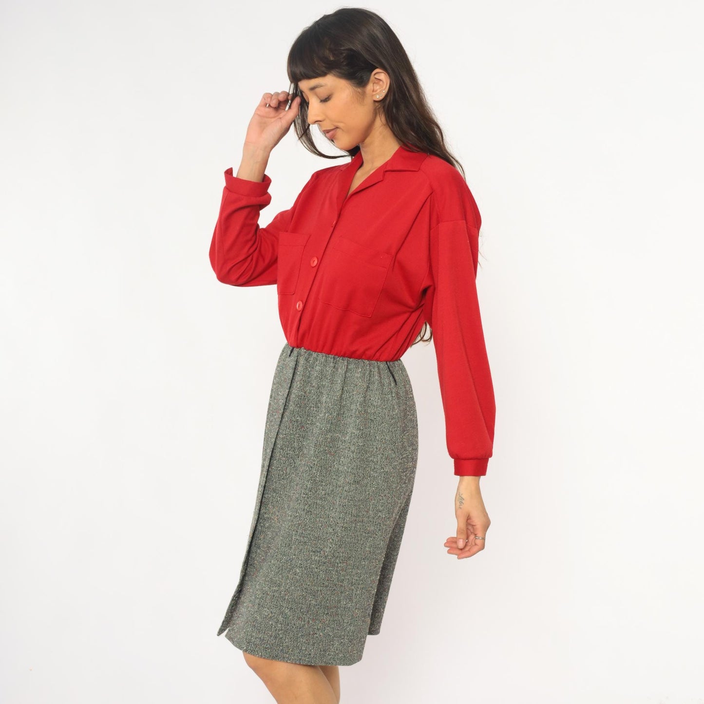 70s Lady Carol Petites Red Tweed Shirtdress Knee Length Small Medium