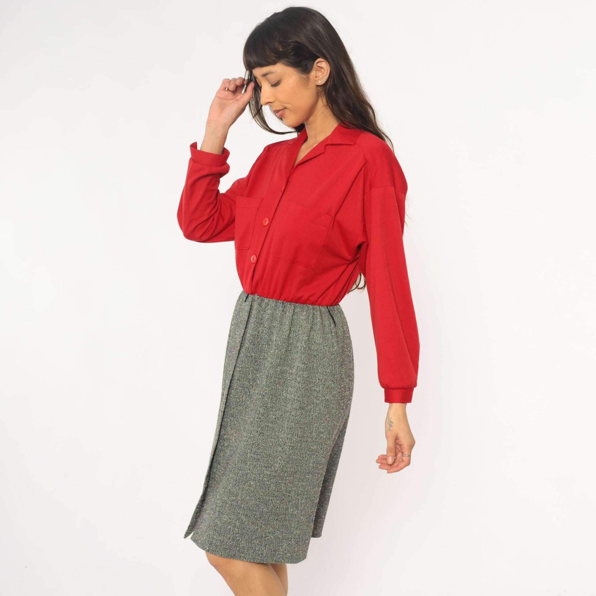 70s Lady Carol Petites Red Tweed Shirtdress Knee Length Small Medium