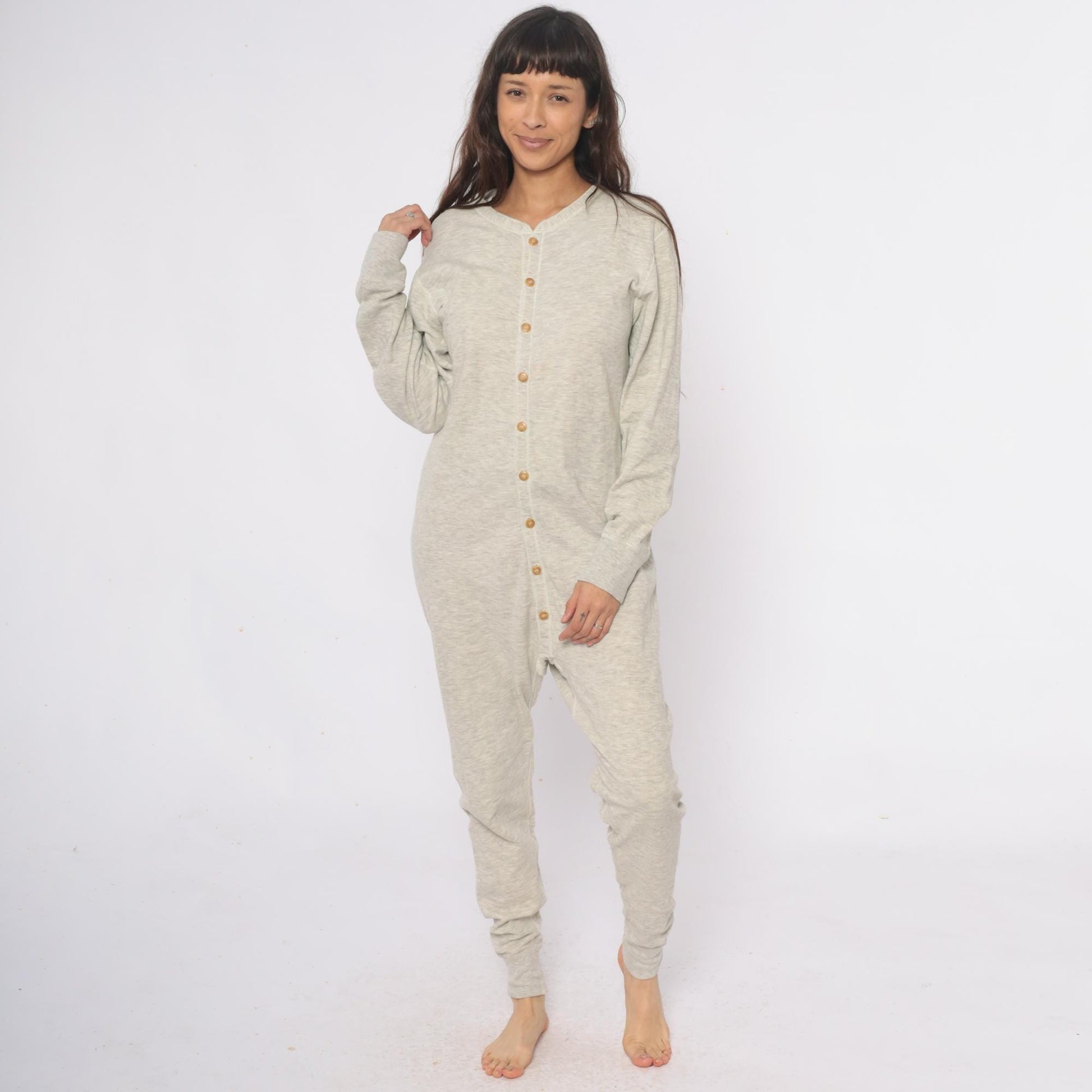 80s Duofold Union Suit Thermal Onesie Cream Cotton Wool Drop Seat Medium