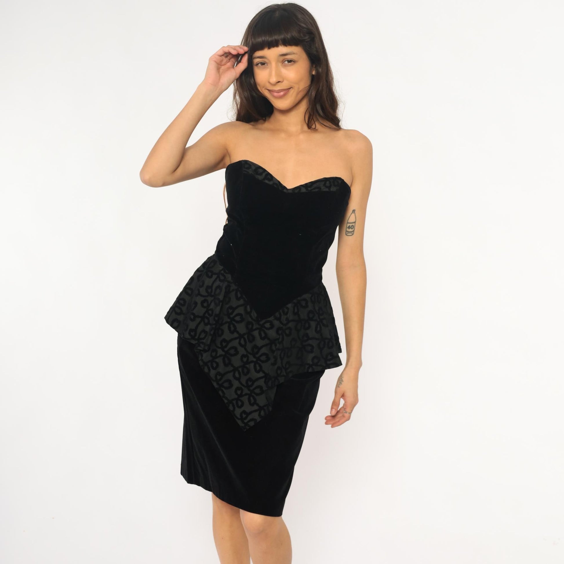 90s Milarzo Black Velvet Strapless Dress Sweetheart Neckline Peplum Extra Small XS