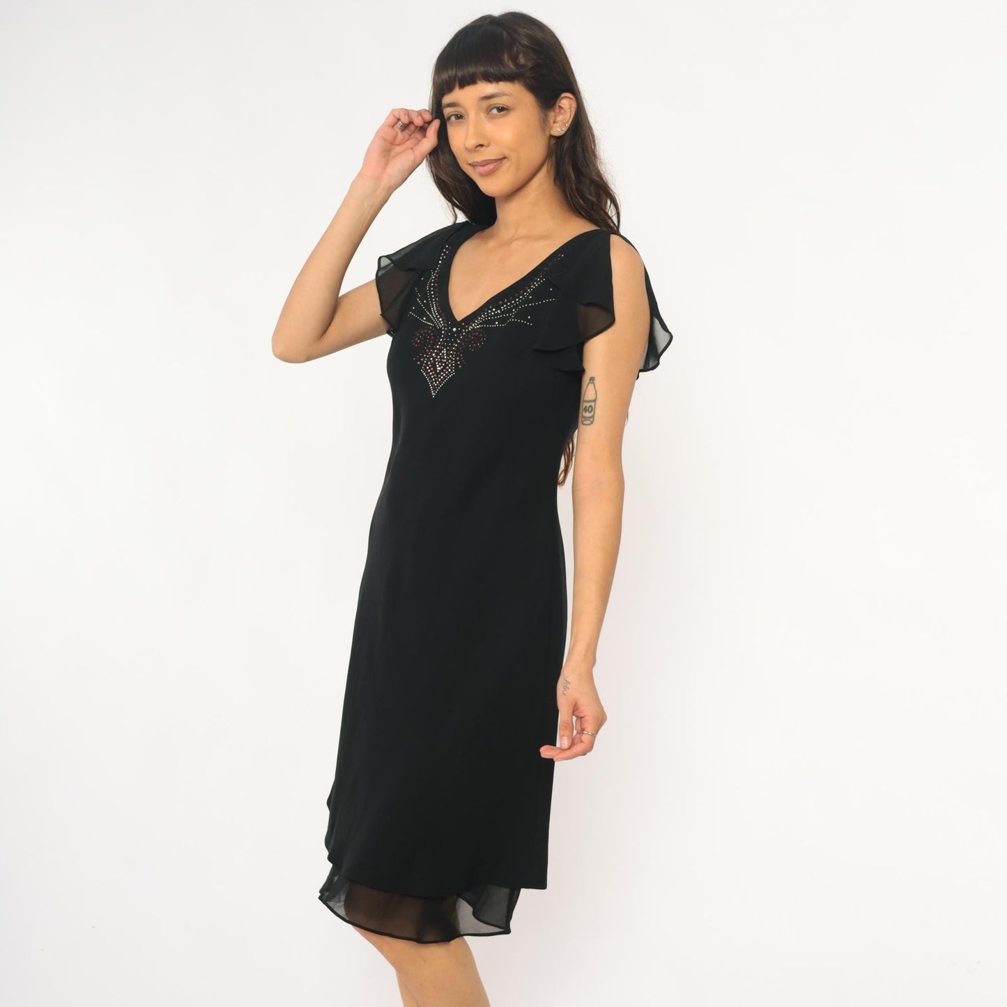 90s Sheri Martin Black Mini Dress Rhinestone V-Neck Cap Sleeve Medium