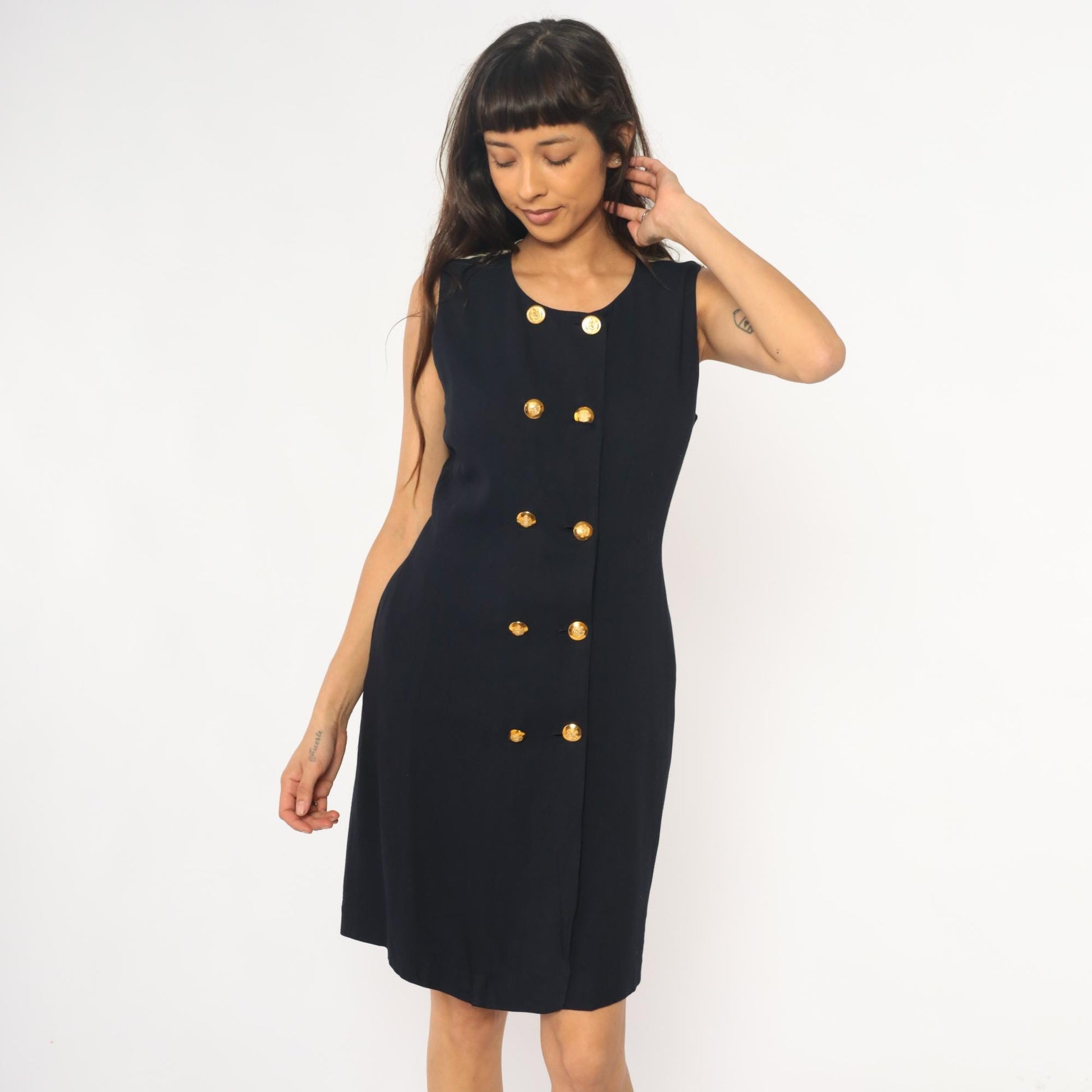 90s Liz Claiborne Navy Nautical Sleeveless Dress Gold Buttons Striped Back Medium
