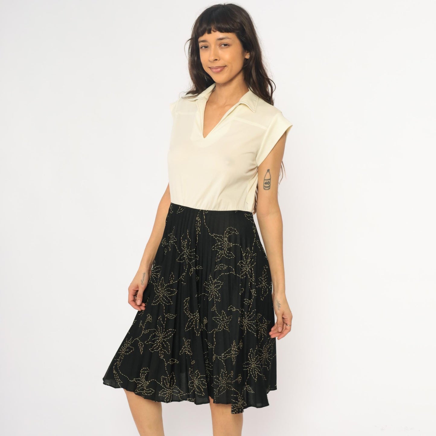 80s Polo Collar Dress Cream Black Floral Colorblock Medium