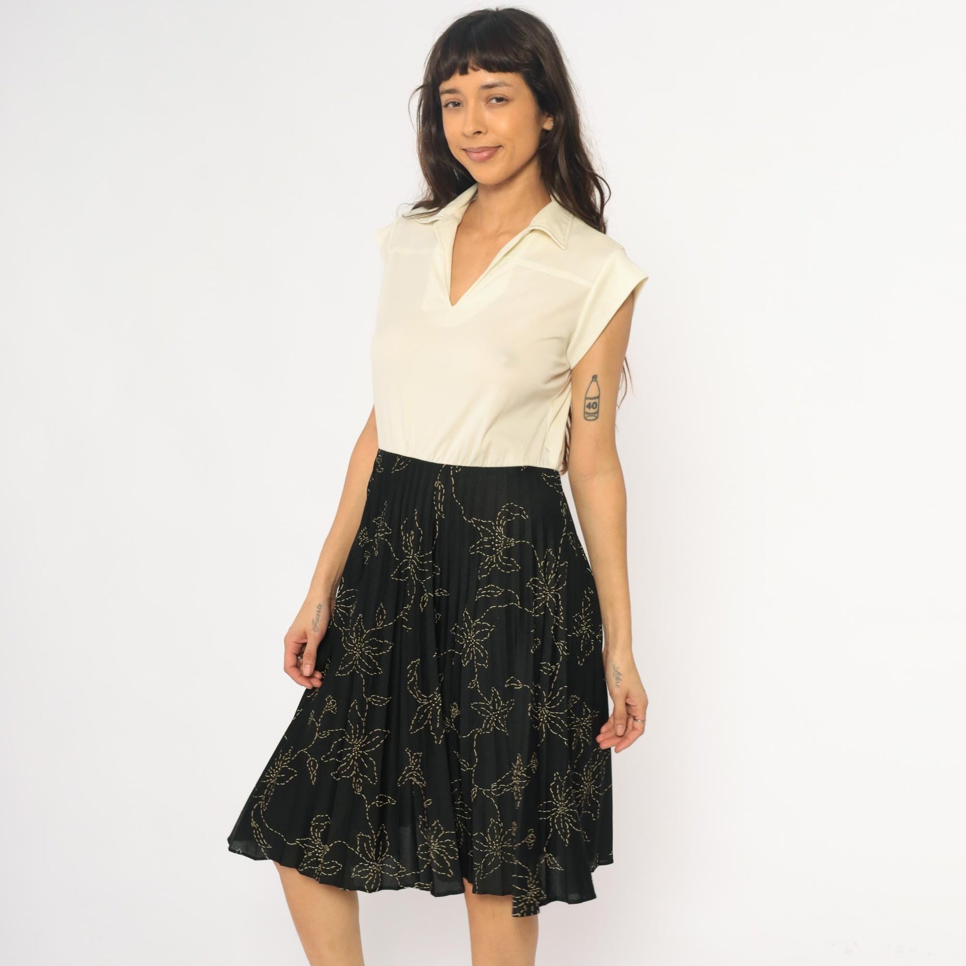 80s Polo Collar Dress Cream Black Floral Colorblock Medium