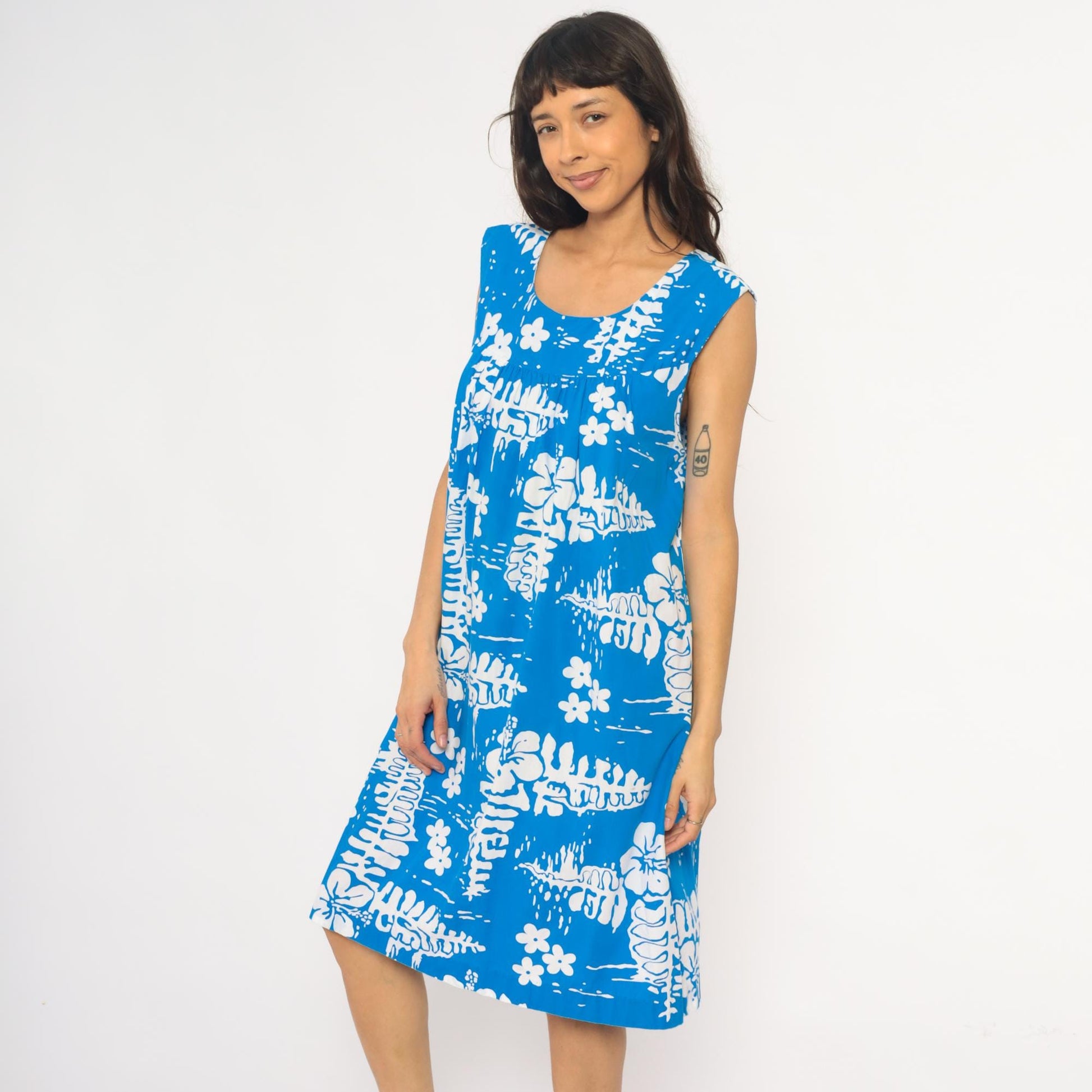 90s Hawaiian Tropical Floral Empire Waist Dress Blue Cotton Knee Length Medium