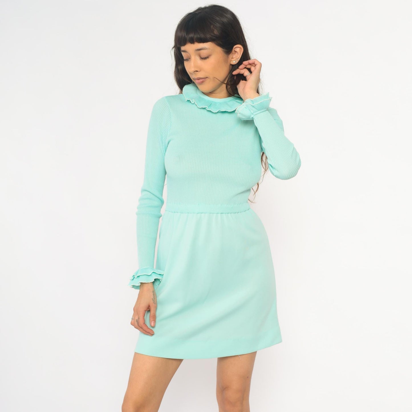 70s Mint Mini Dress Ribbed Knit Bodice Ruffled Collar Long Sleeve Extra Small XS