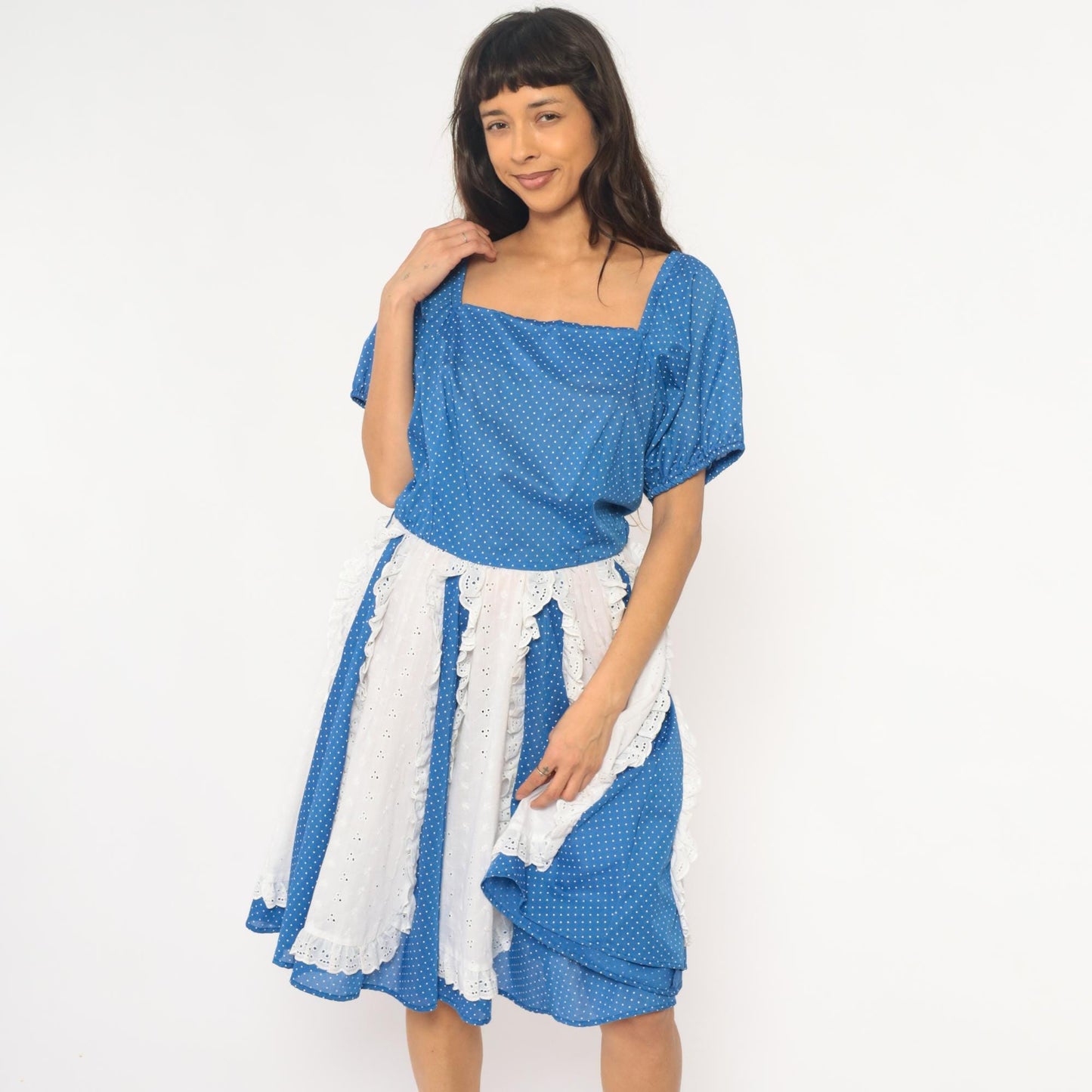 80s Blue Polka Dot Square Dance Dress Puff Sleeve Eyelet Lace Mini Large