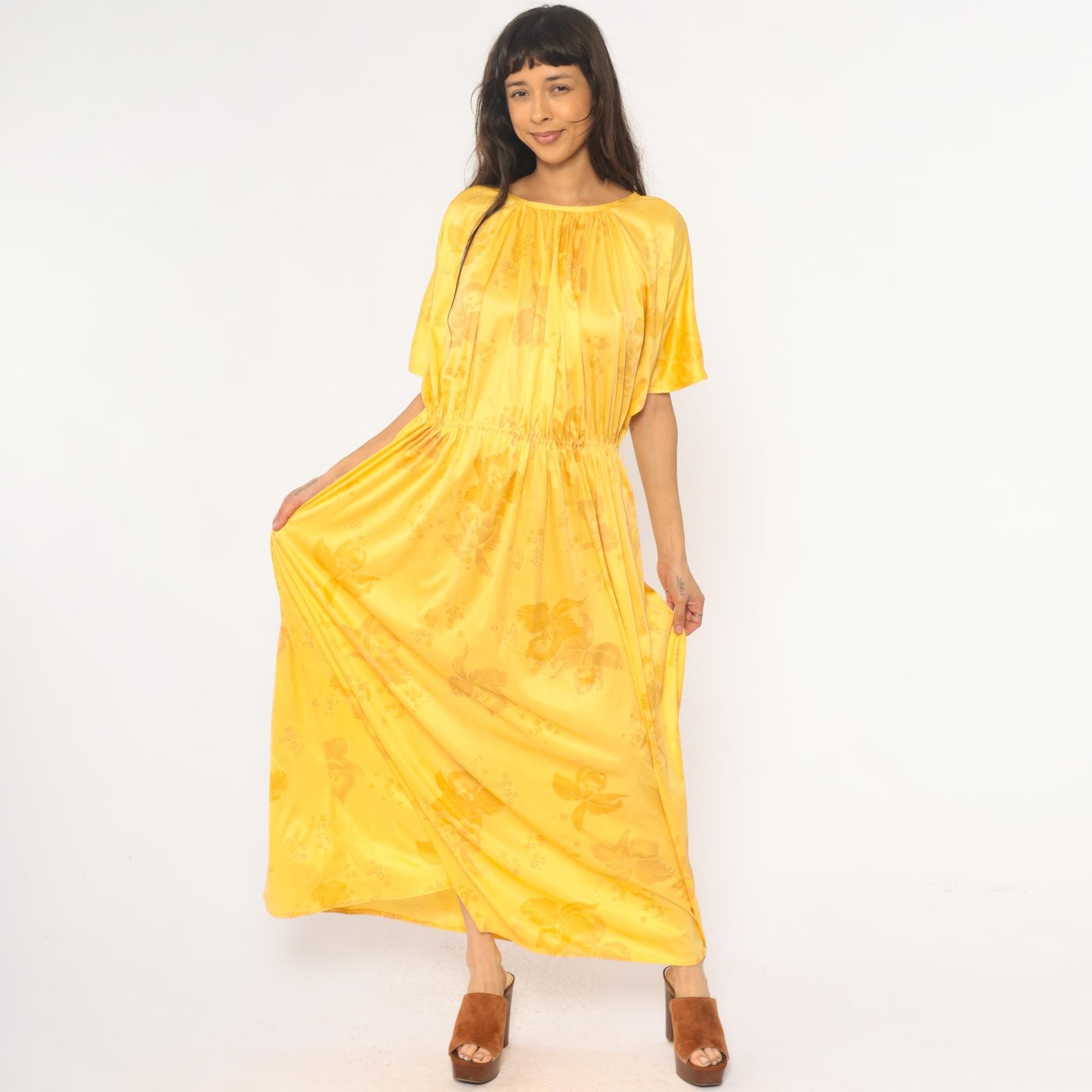 70s Yellow Floral Maxi Dress Flutter Sleeve Gathered Waist Medium Large