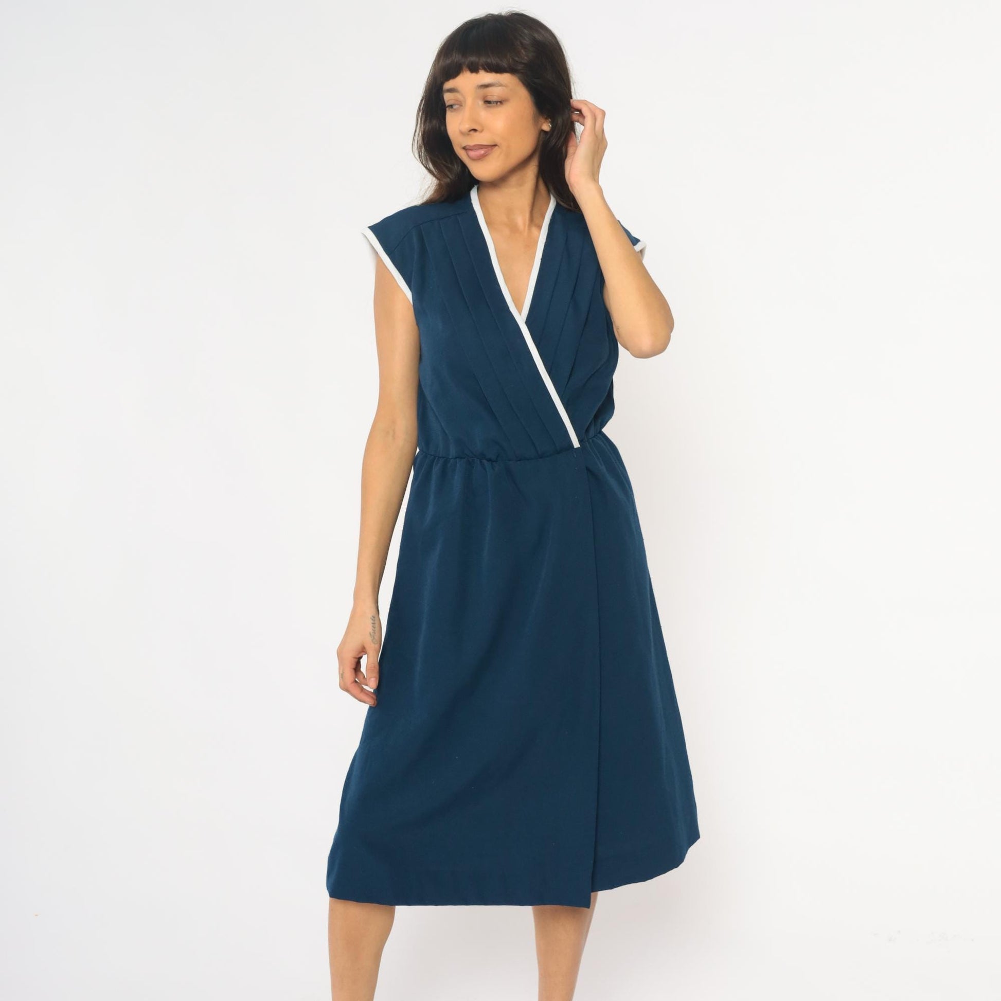 80s Toni Todd Navy Wrap Dress White Trim Cap Sleeve Midi Small Medium
