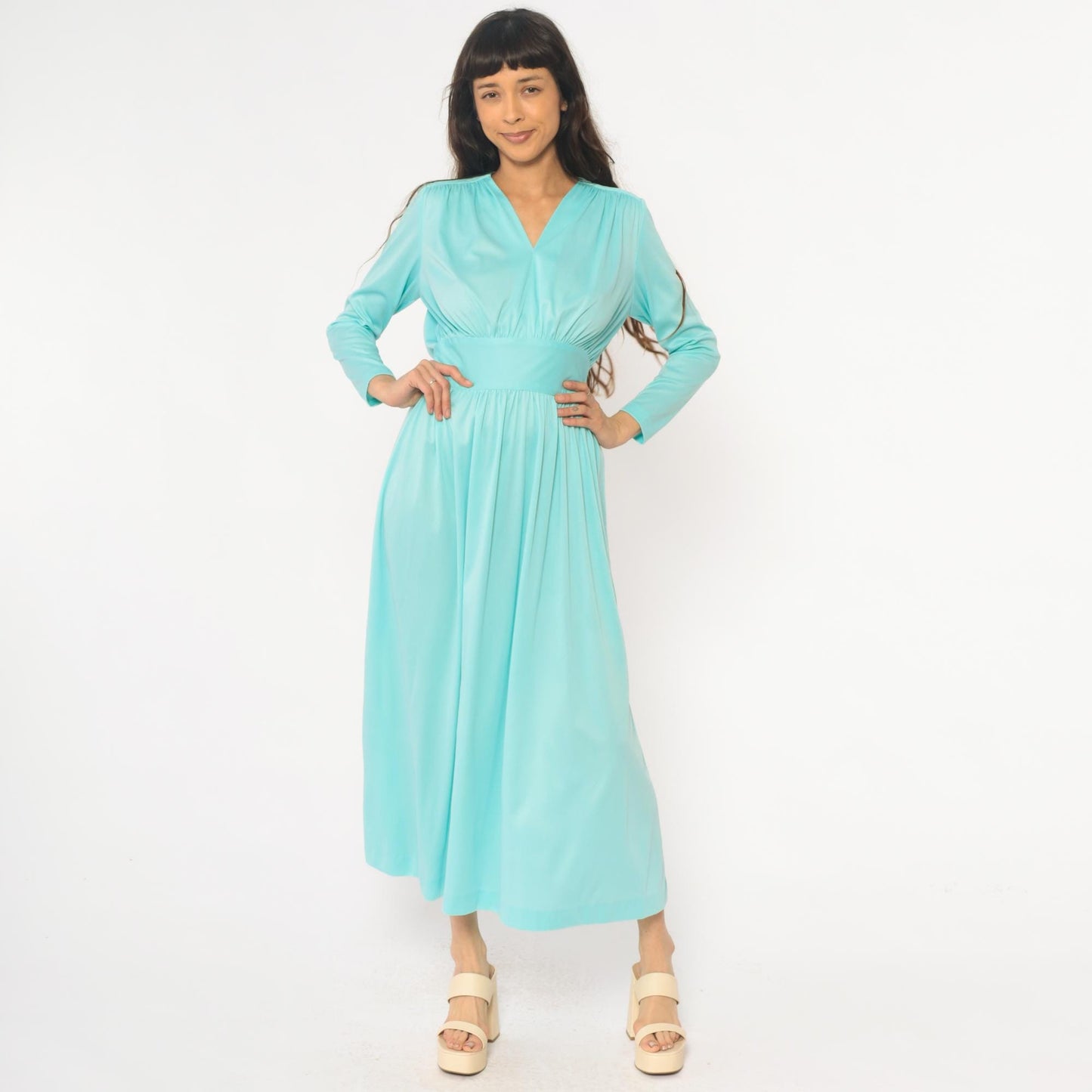 70s Enrico Serrati Aqua Maxi Dress V-Neck Tie Waist Long Sleeve Medium
