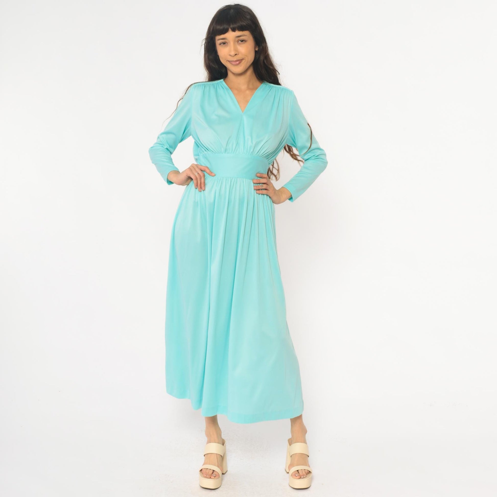 70s Enrico Serrati Aqua Maxi Dress V-Neck Tie Waist Long Sleeve Medium