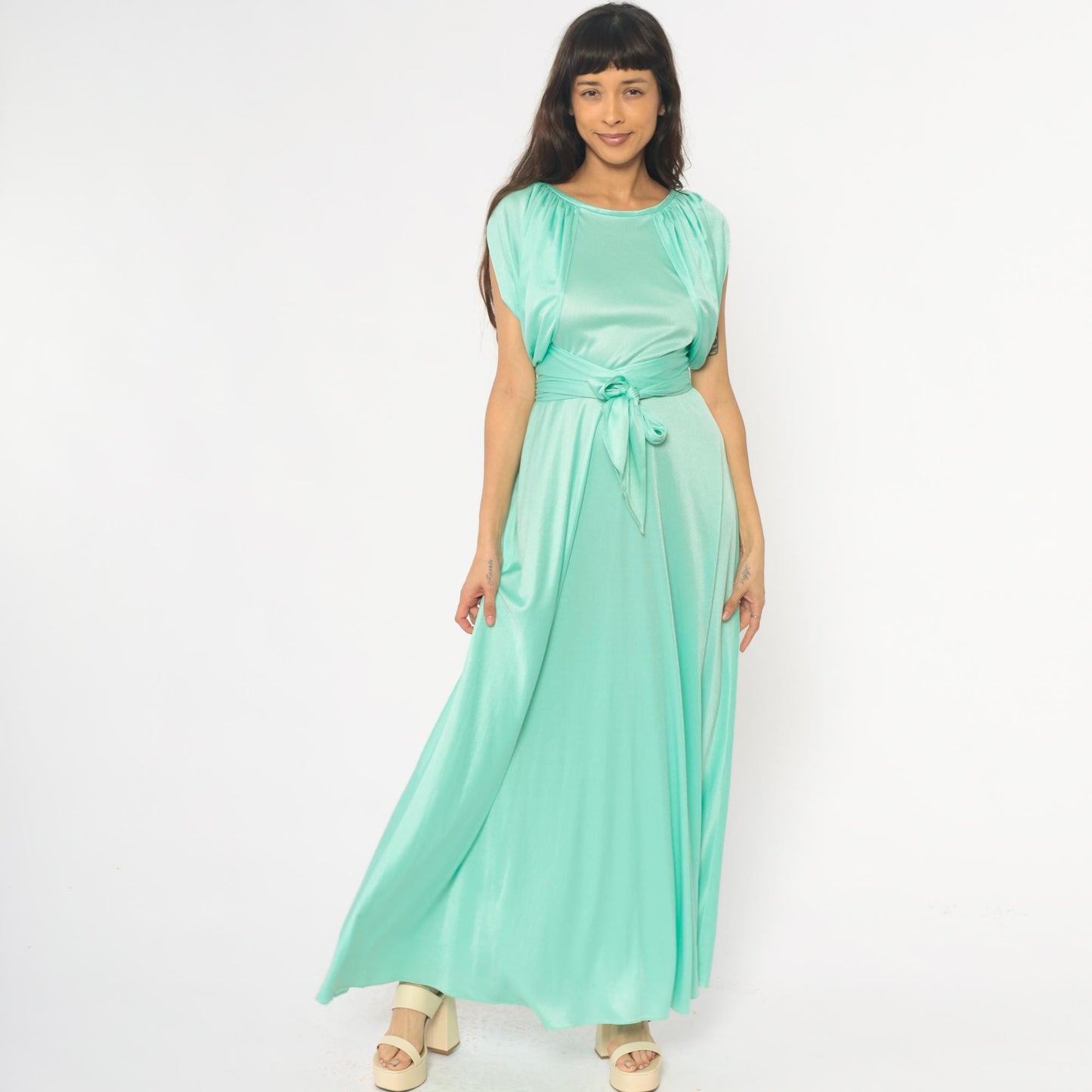 70s Mint Green Maxi Dress Ruched Neckline Tie Belt Sleeveless Small