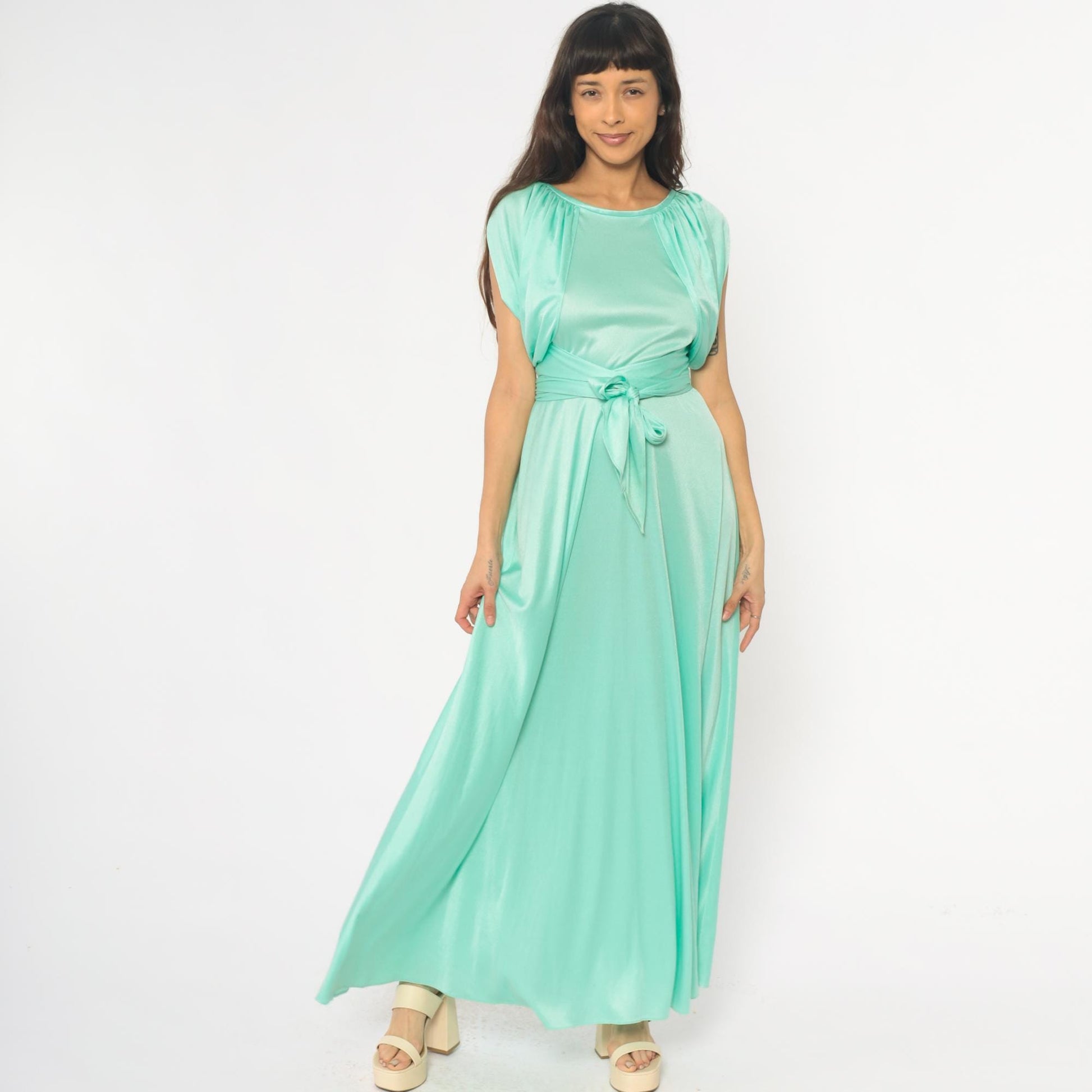 70s Mint Green Maxi Dress Ruched Neckline Tie Belt Sleeveless Small