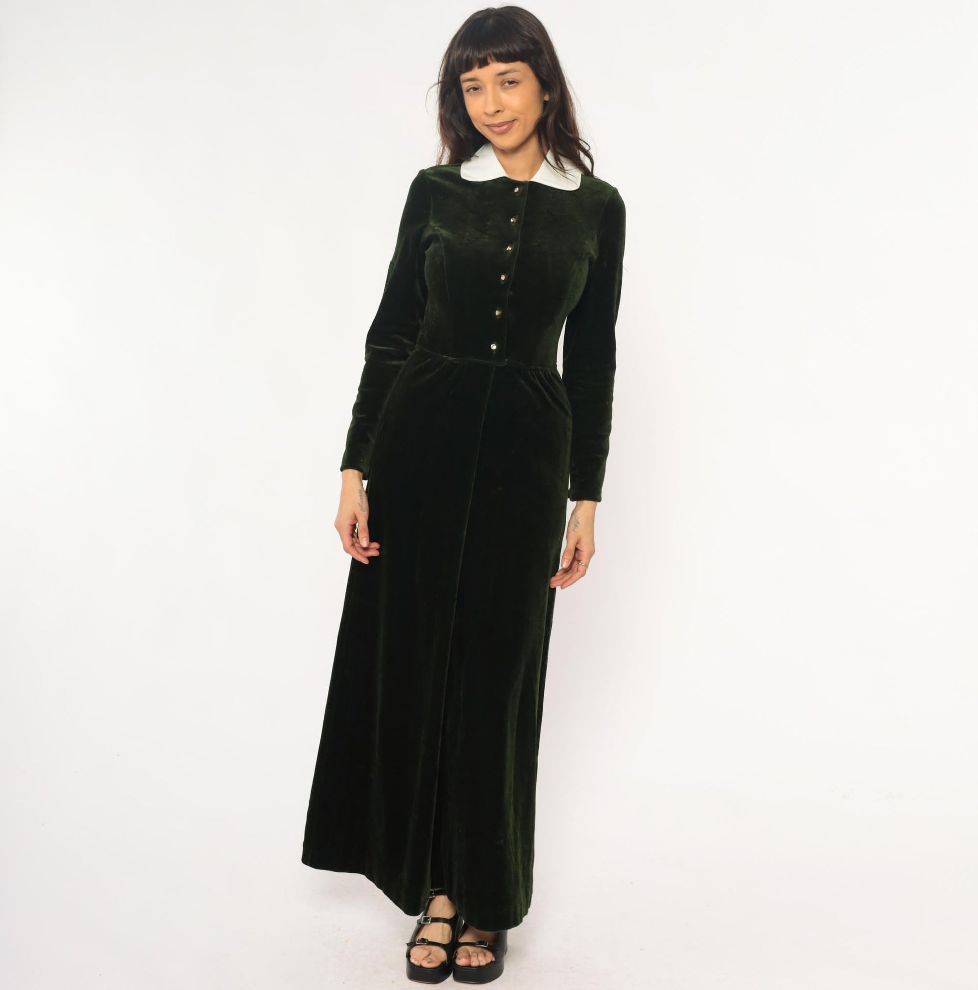 70s Dark Emerald Velvet Maxi Dress White Collar Long Sleeve Extra Small