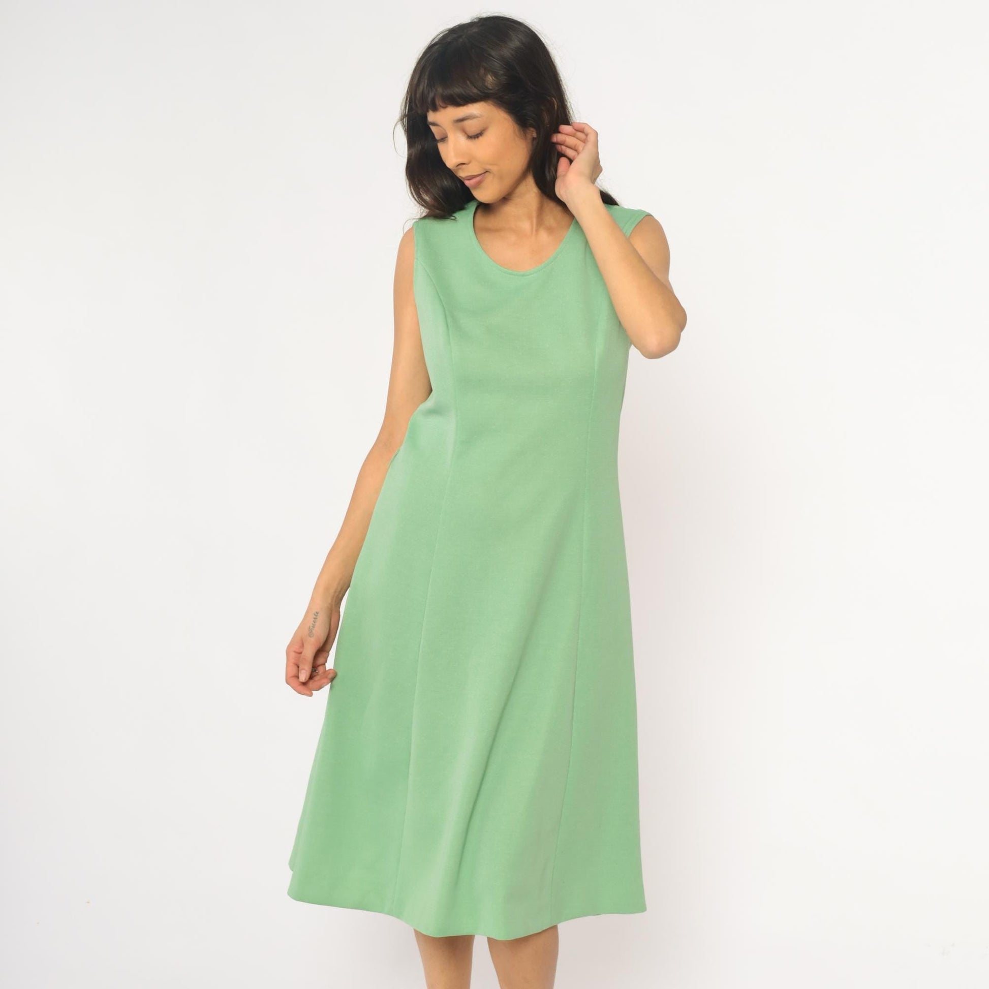70s Mint Green Sleeveless A-Line Dress Scoop Neck Knee Length Large L