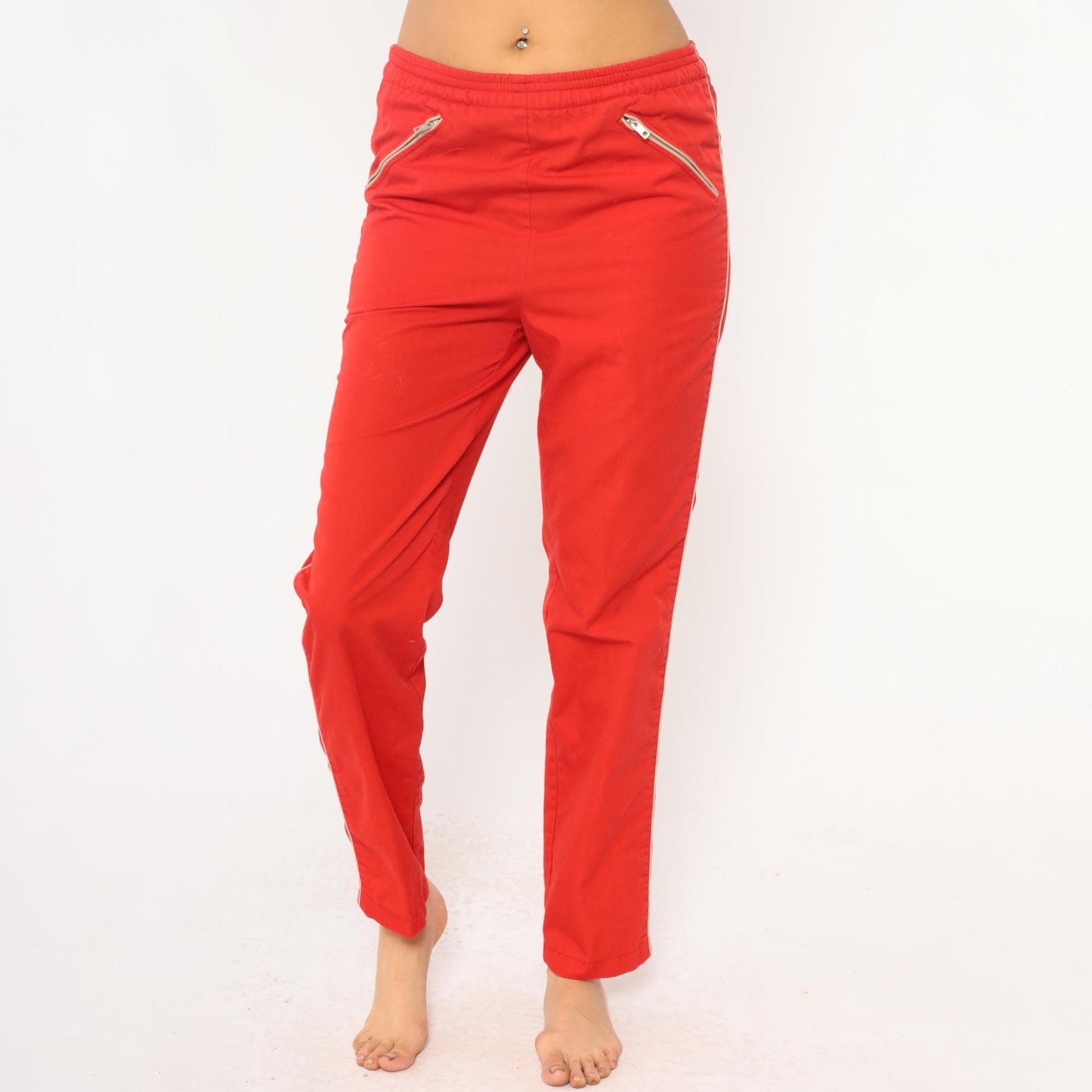 80s C'est Joli Track Pants Coral Red White Stripe Zipper Pockets Small