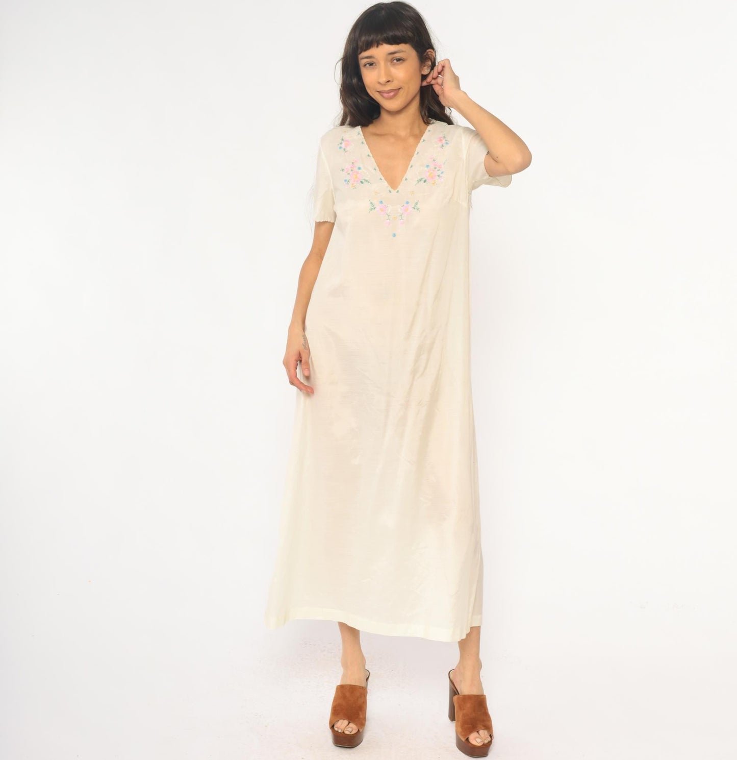 70s Cream Embroidered Floral Maxi Dress V-Neck Short Sleeve Small S