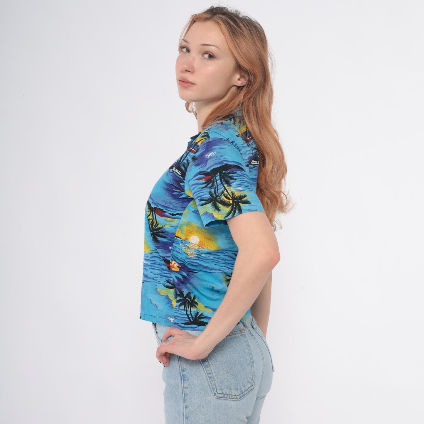 90s Royal Hawaiian Creations Tropical Shirt Turquoise Palm Tree Cotton Small S
