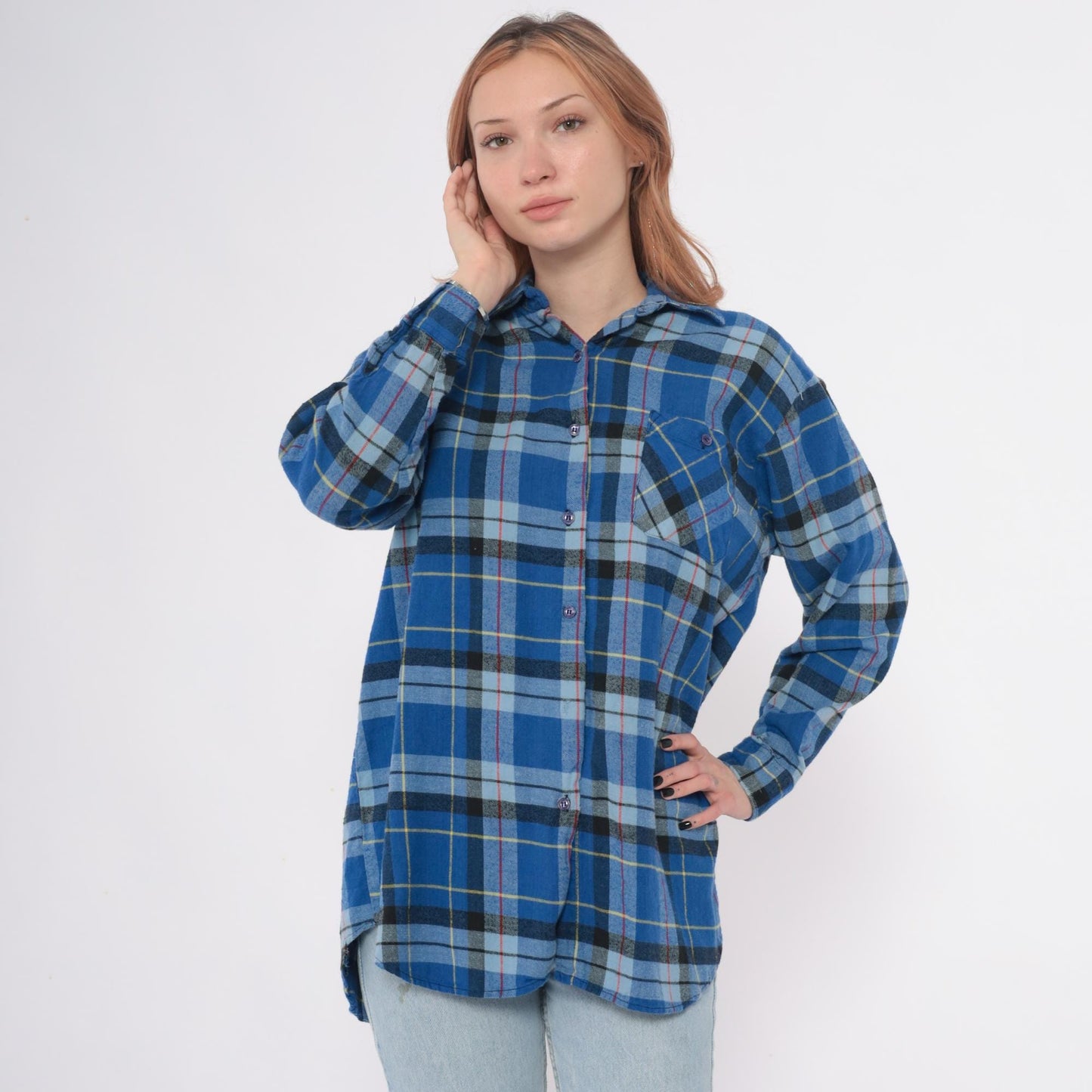 90s Timber Trail Plaid Flannel Shirt Blue Button Front Cotton Medium M