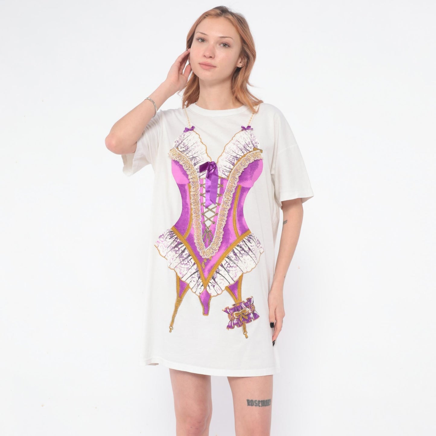 90s Heart To Heart Corset Print Nightshirt White Purple Graphic Sleep Tee One Size