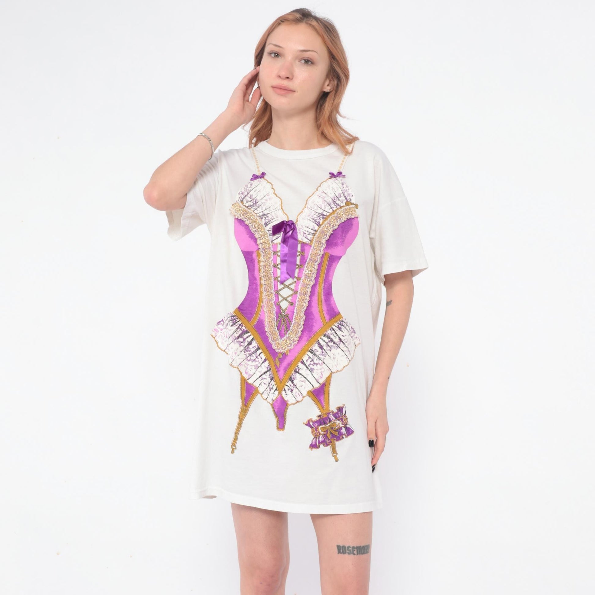 90s Heart To Heart Corset Print Nightshirt White Purple Graphic Sleep Tee One Size