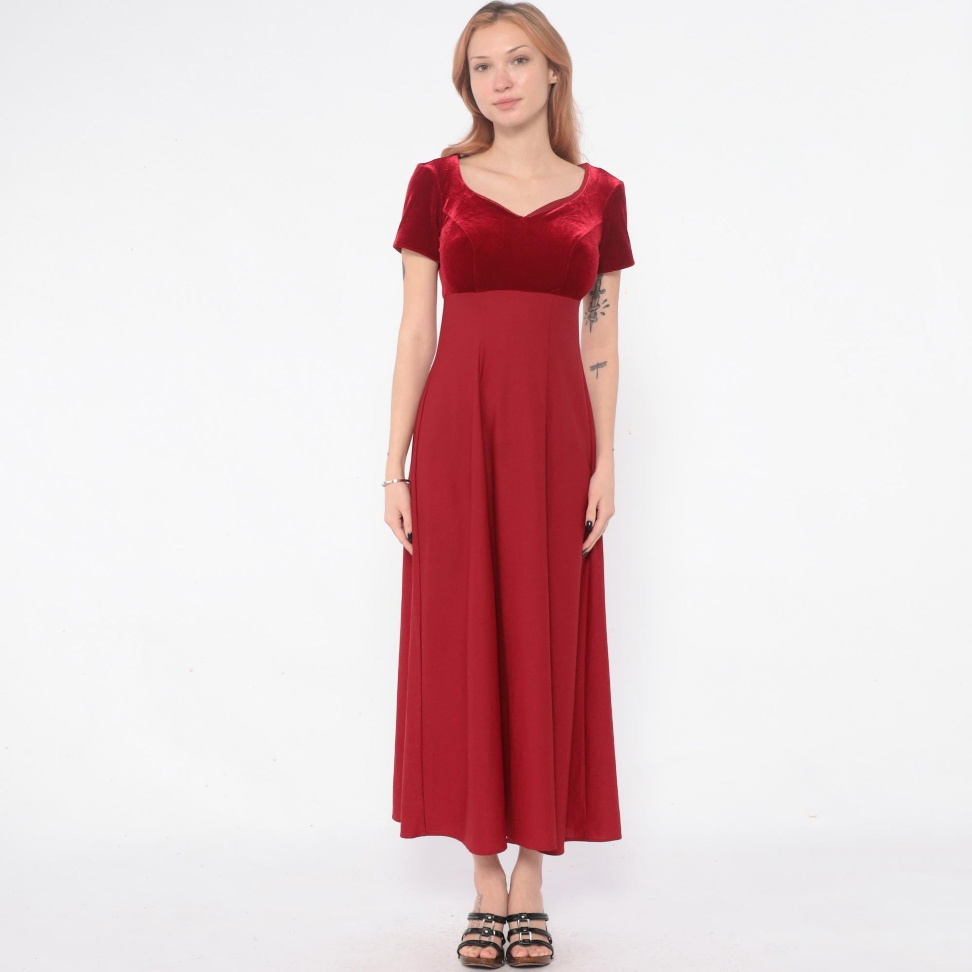 Y2K Burgundy Velvet Maxi Dress Empire Waist Color Block Small S