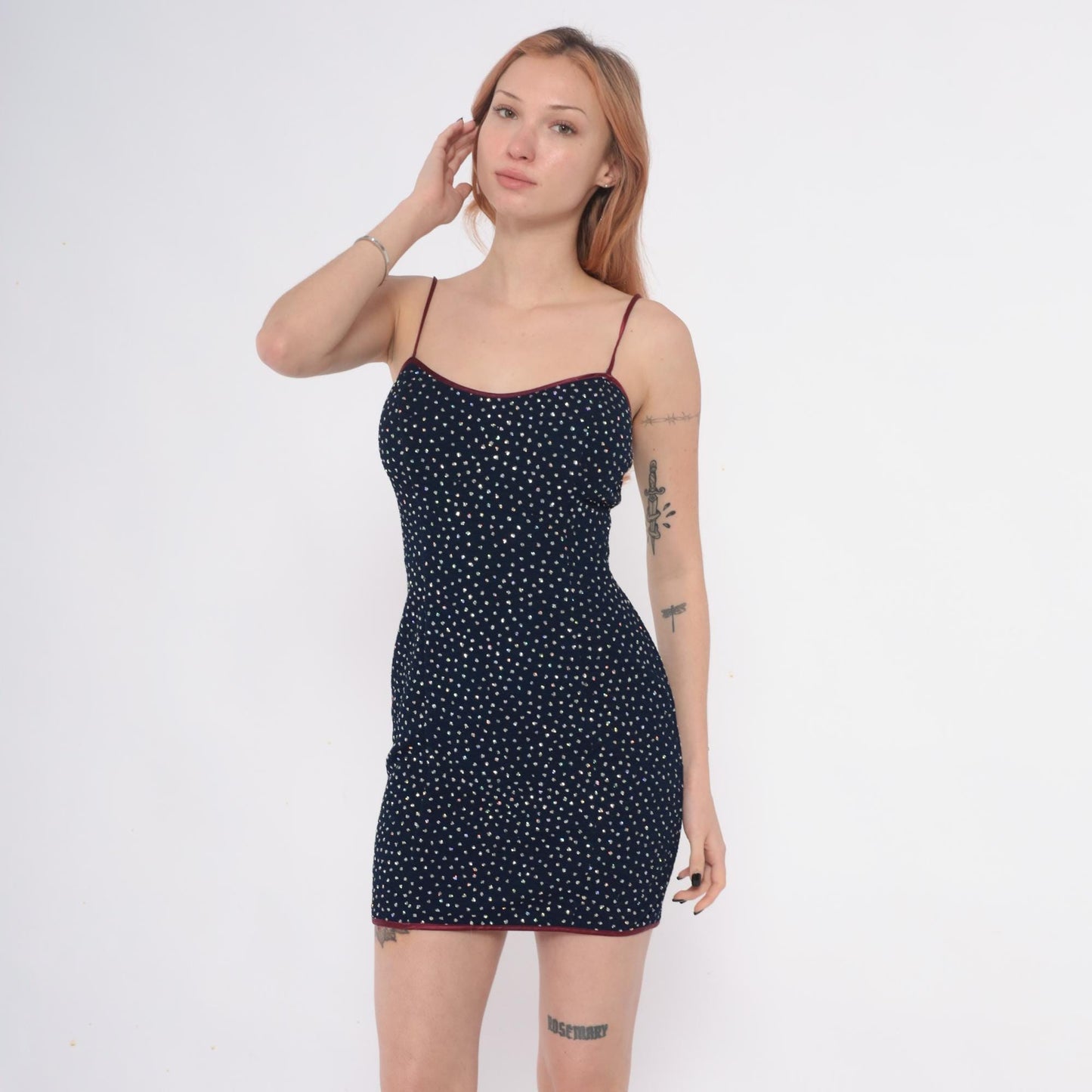 90s La Glo Dark Blue Mini Slip Dress Silver Glitter Dots Spaghetti Strap Small
