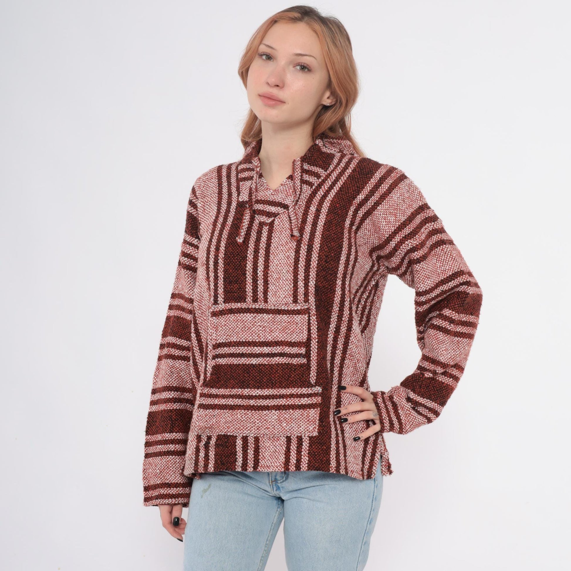 Y2K Baja Hoodie Brown Tan Striped Woven Pullover Kangaroo Pocket Medium M