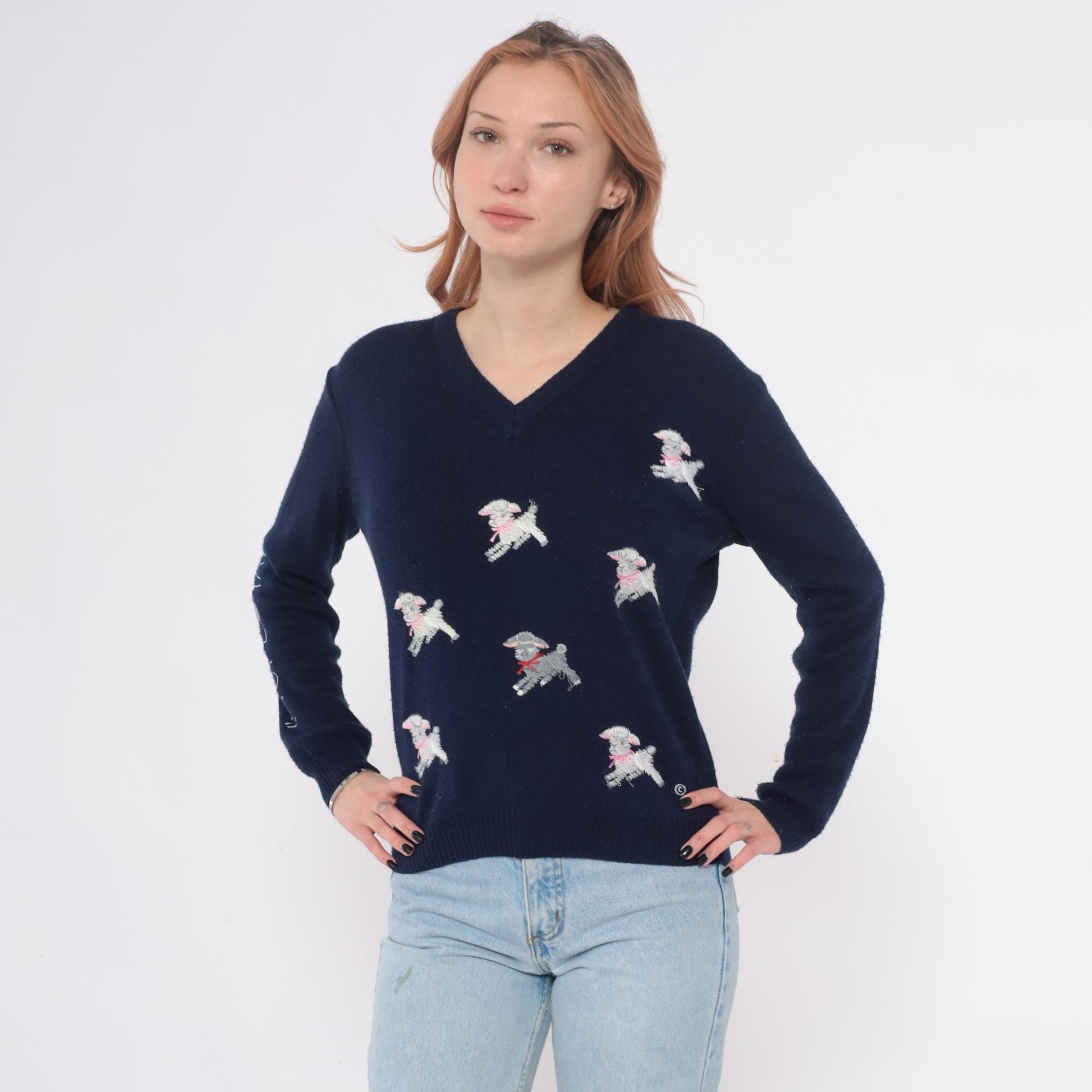 70s Shirlee Designs Navy Lamb Sweater Embroidered Pink Bows Large L