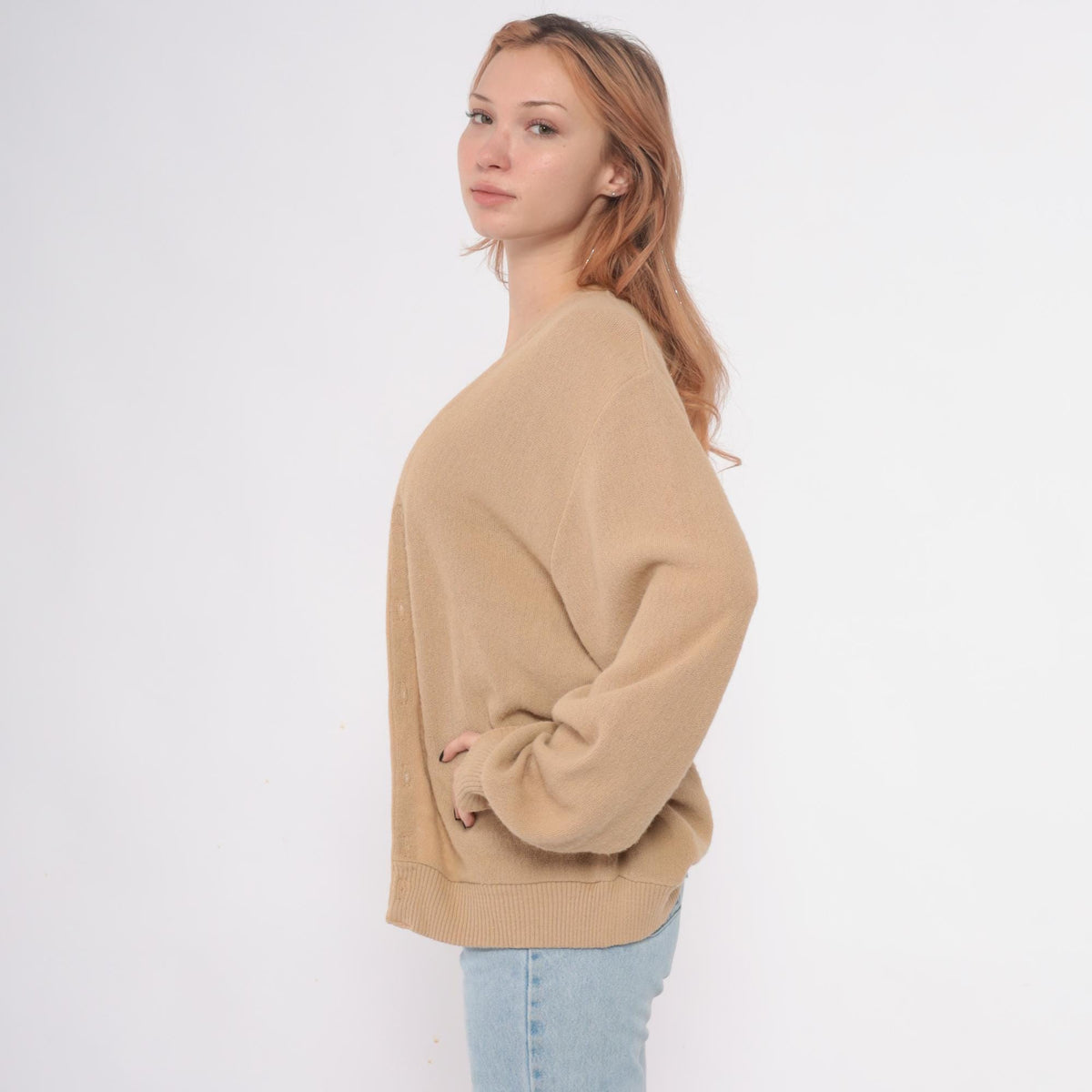 80s Robert Bruce Camel Cardigan V-Neck Button Front Tan Ribbed Large L