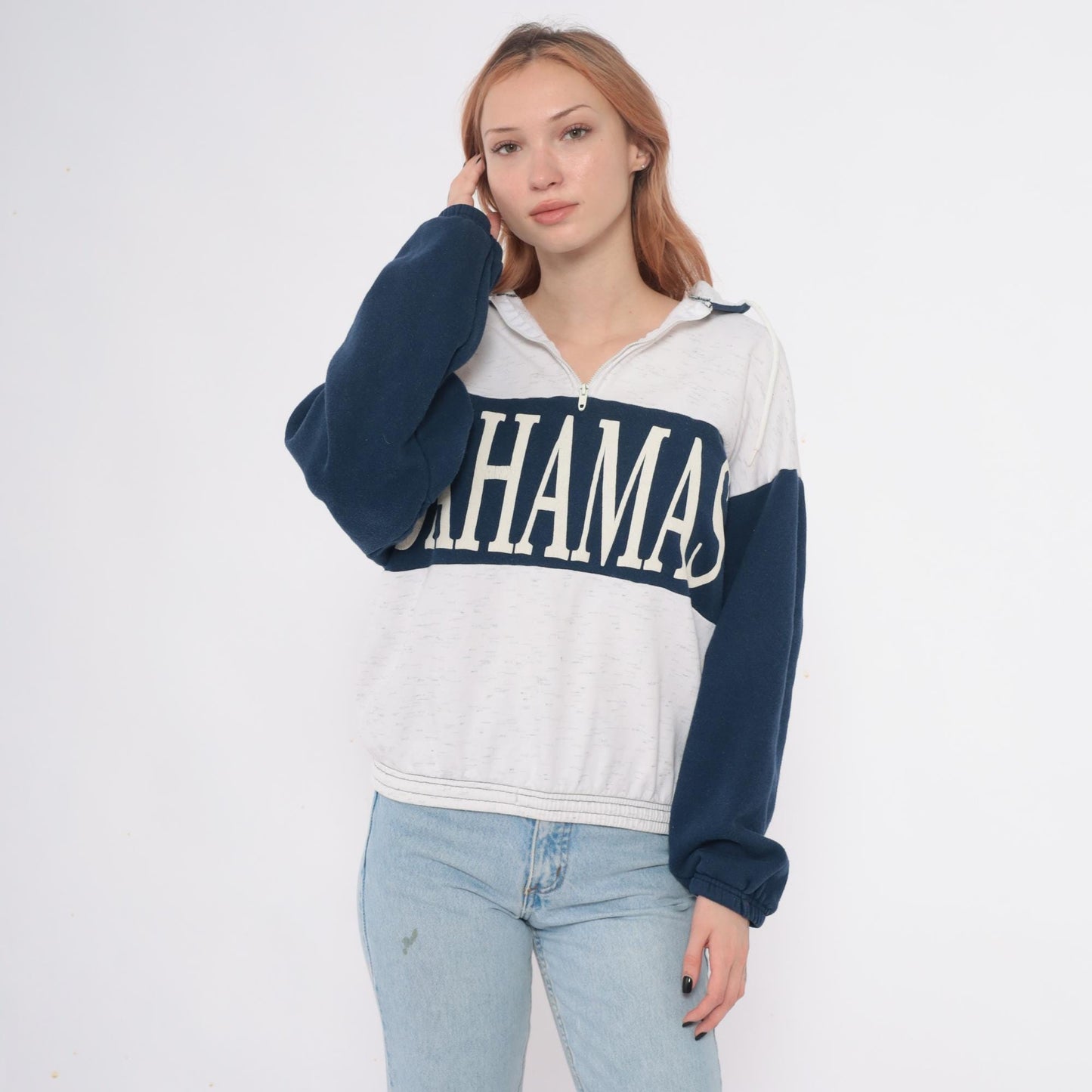 80s Bahamas Zip Hoodie Colorblock Navy Cream Cotton Small Medium