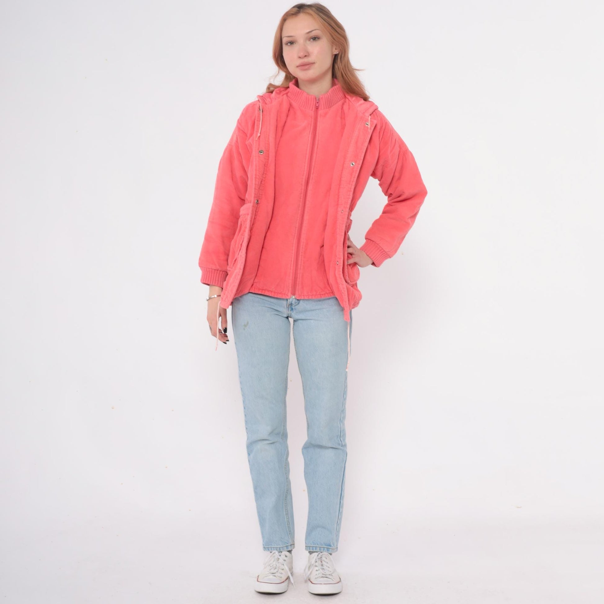 80s Coral Corduroy Hooded Puffer Jacket Zip Front Ribbed Cuffs Small S