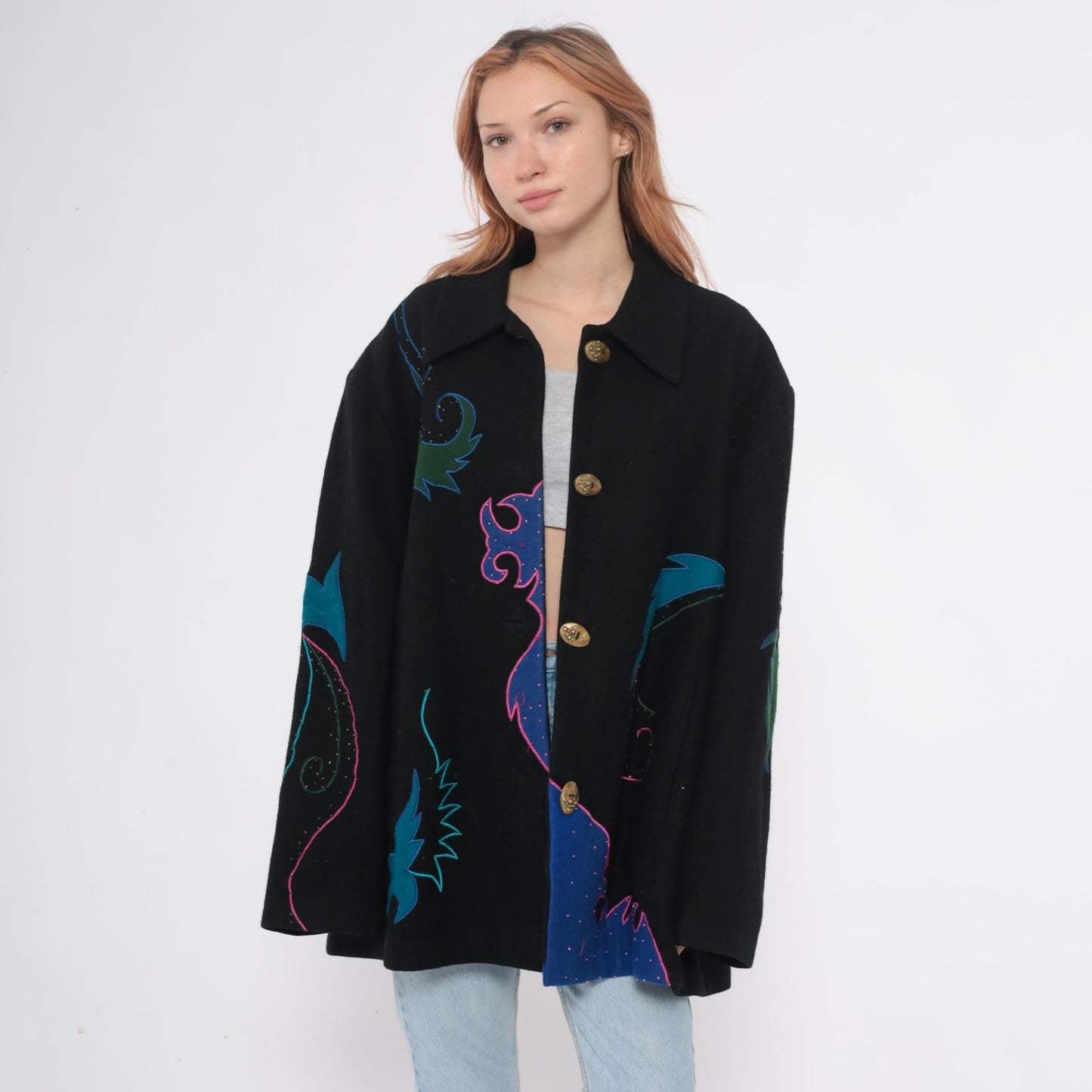 90s Black Wool Blazer Beaded Embroidered Teal Pink Gold Statement Jacket Extra Large