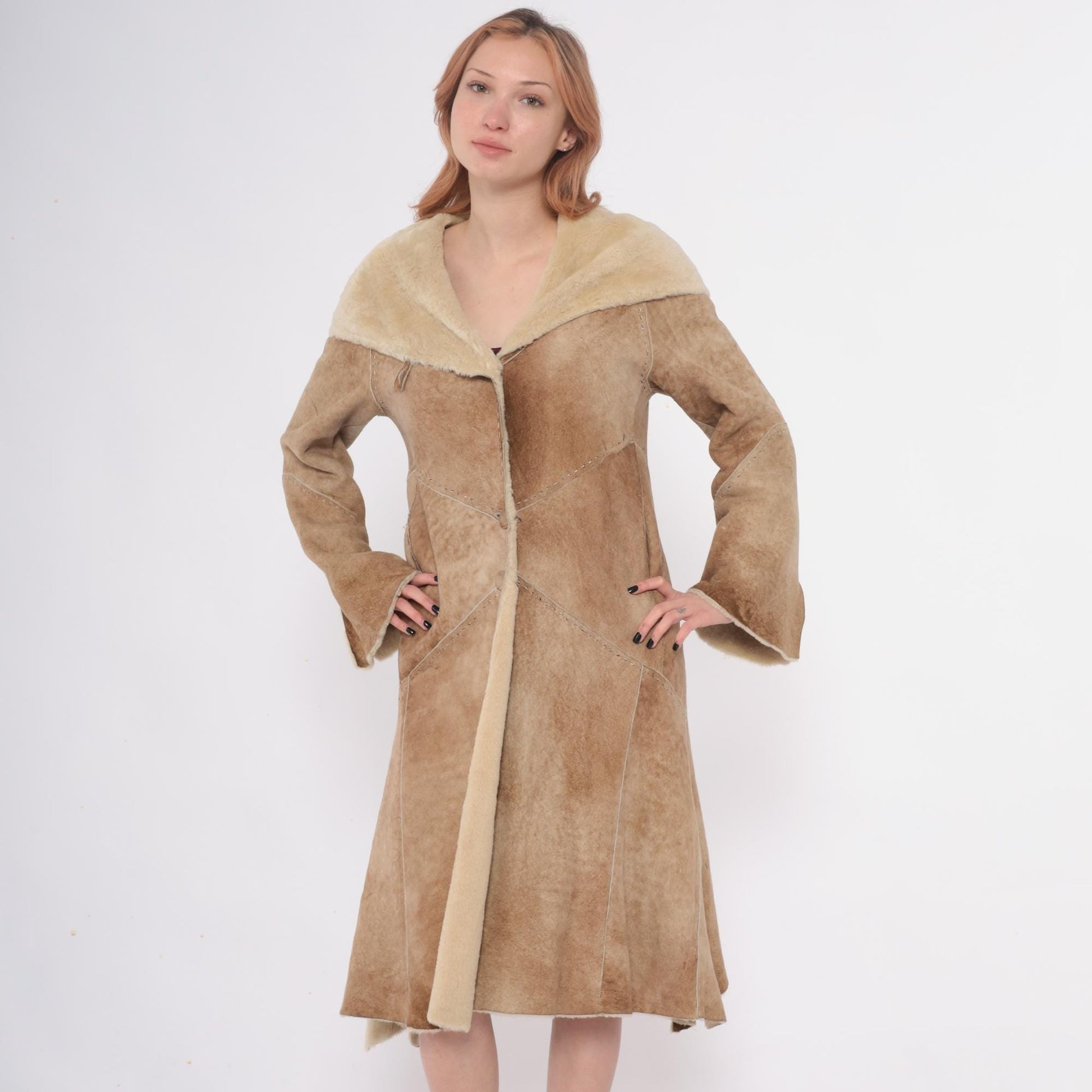 90s Denimaxx Couture Suede Hooded Coat Tan Shearling Trim Small