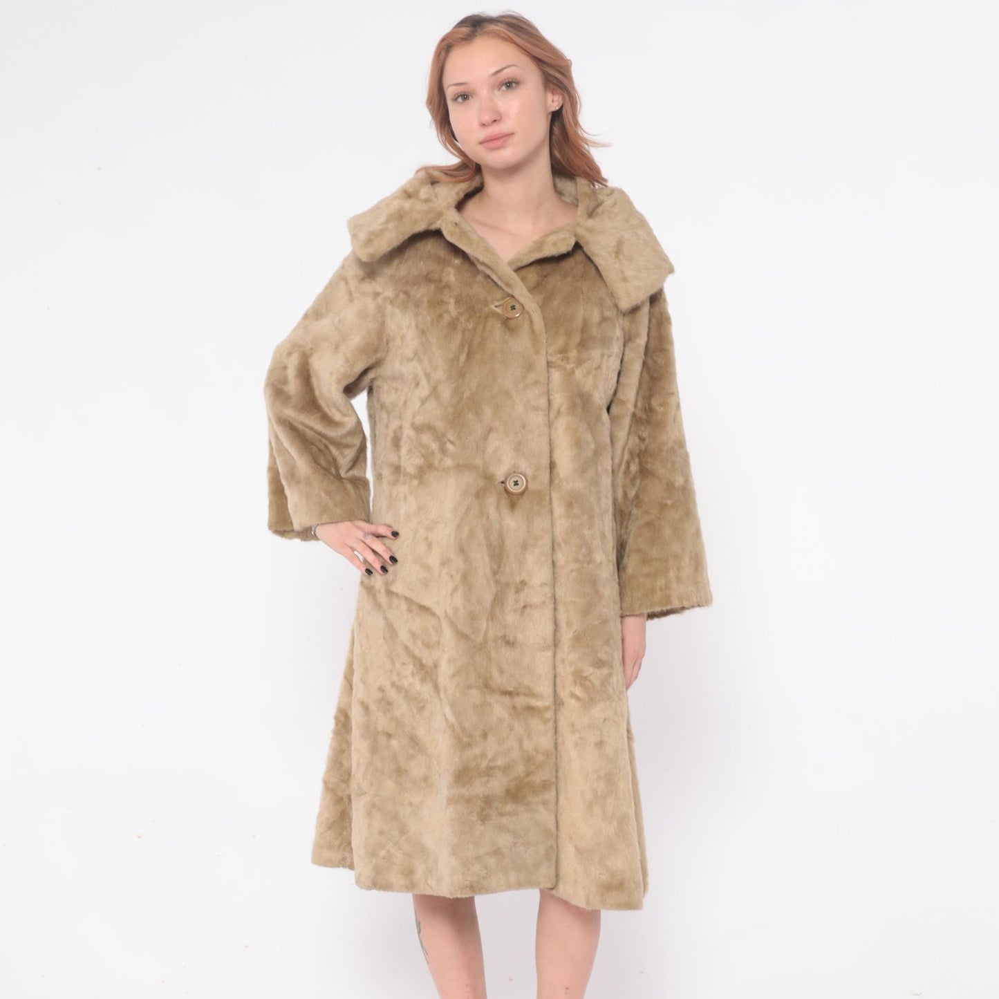 60s Sutton Place Faux Fur Coat Beige Shawl Collar A-Line Large L
