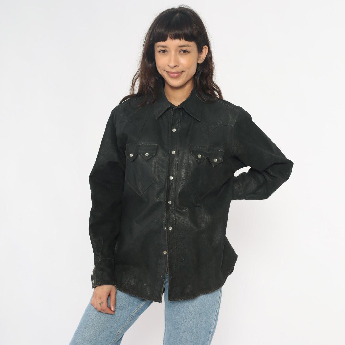 90s Neyries Black Leather Western Shirt Pearl Snap Pointed Yoke Large L