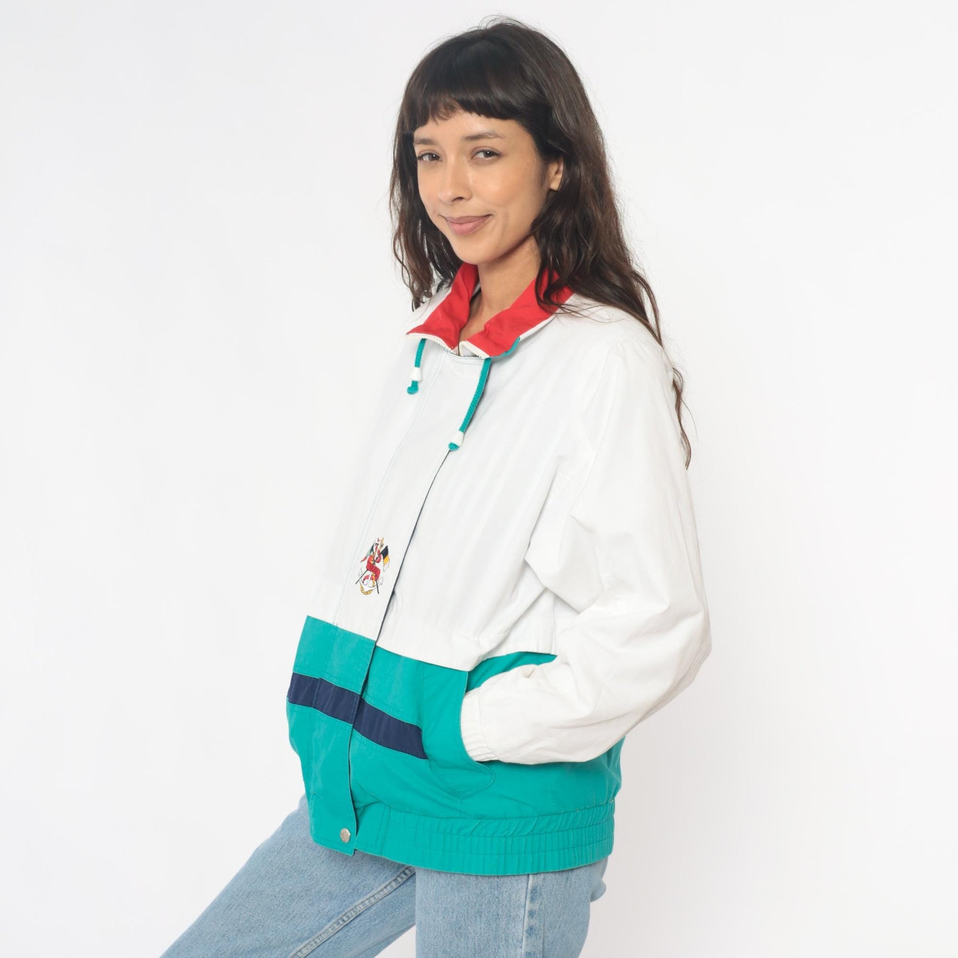 90s Izzi Spirit Colorblock Windbreaker White Teal Navy Small